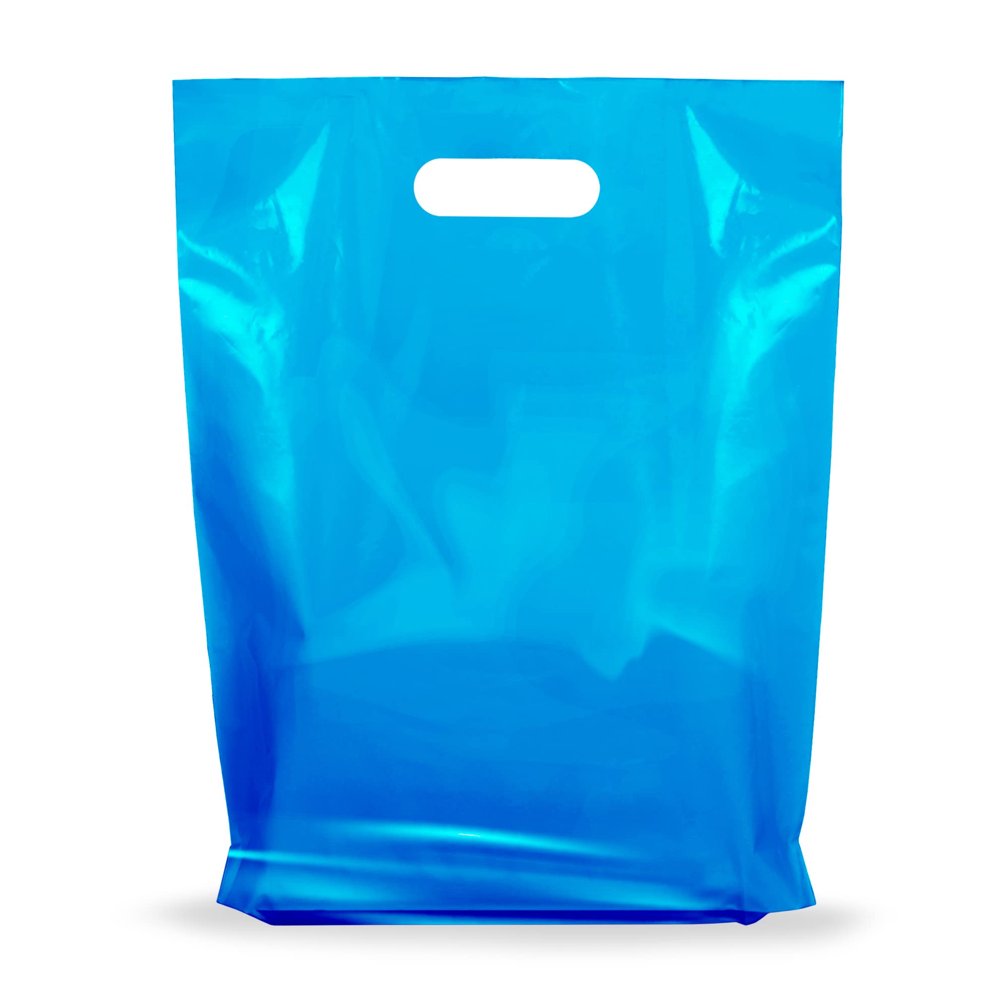 100 Pack Blue Glossy Plastic Shopping Bags with Handles 9x12x1.25 Inches - Bulk Merchandise Bags for Boutique, Retail Store, Gift Shop & Toy Store - Perfect for Packaging, Promotions & Customer Purchases