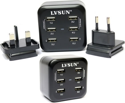 6-Port USB Wall Charger with Irish/US Travel Adapter - 6.8A 34W Fast Charging for iPhone, Android, iPad - Perfect for Travel, Home & Office Use