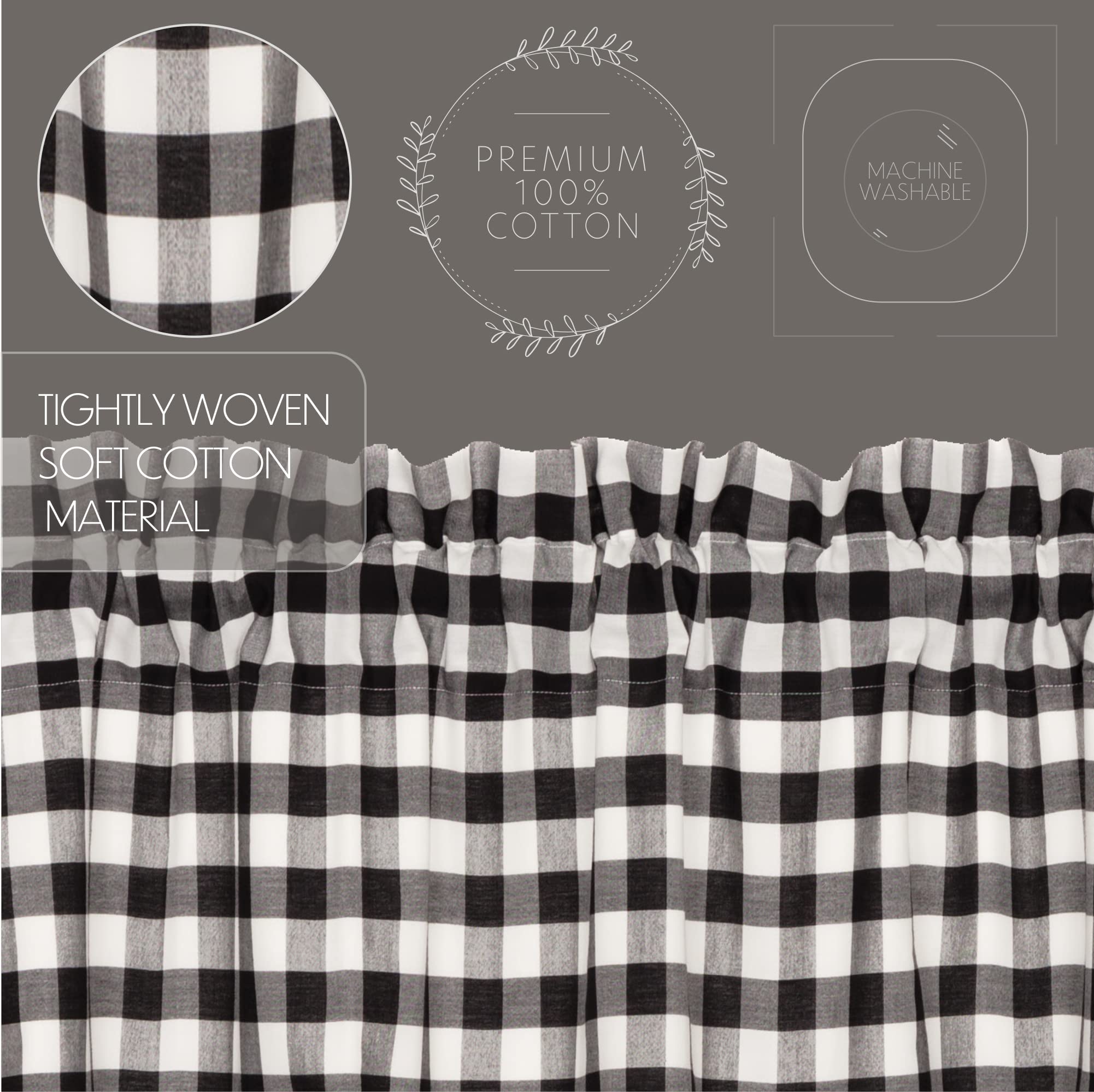 Annie Buffalo Check Cotton Farmhouse Kitchen Curtains - Black 36x36 Tier Pair with Rod Pocket | Rustic Country Style Window Treatment for Cozy Home Decor