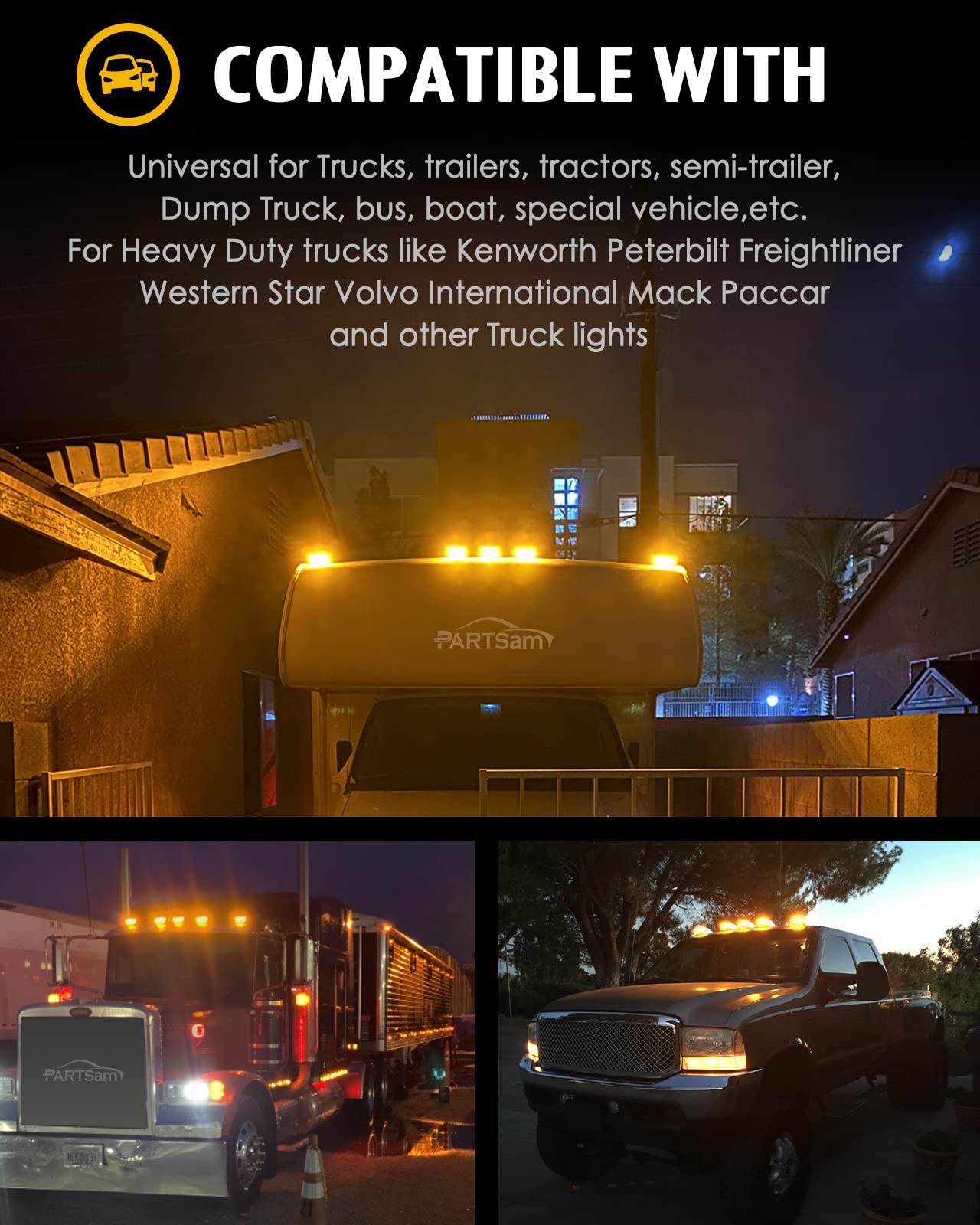 Partsam 31LED Amber Waterproof Cab Marker Light for Peterbilt Kenworth Freightliner Western Star Mack International Paccar Trailer Trucks - Durable Roof Running Lights for Enhanced Night Visibility and Safety