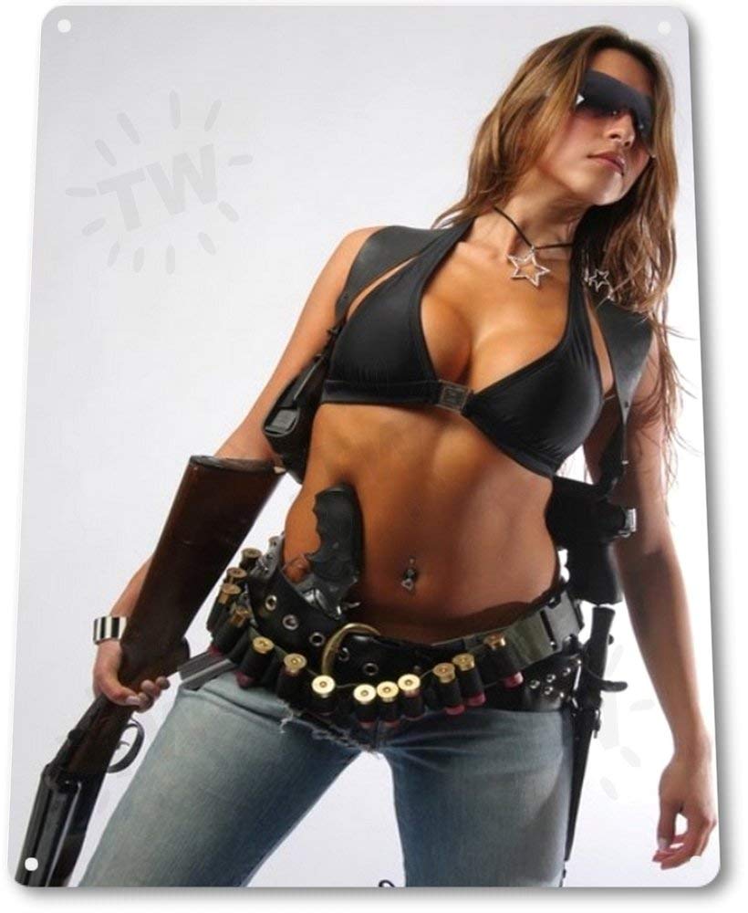 12x16 Tin Sign - Shooting Star Pinup Girl & SWAT Gun Decor for Man Cave