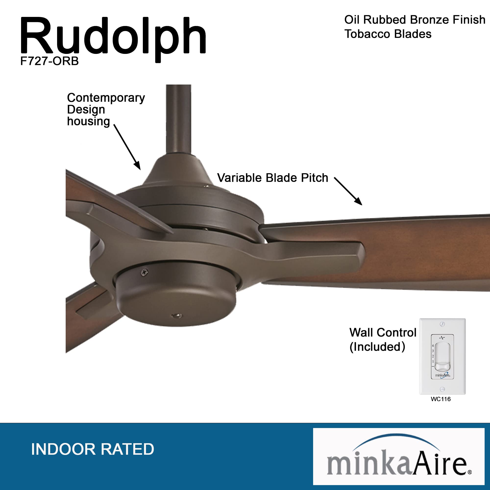 Minka-Aire F727-ORB Rudolph 52 Inch Ceiling Fan with Wall Control - Oil Rubbed Bronze Finish - Energy Efficient Indoor/Outdoor Ceiling Fan for Living Room, Bedroom, Patio & Covered Porch