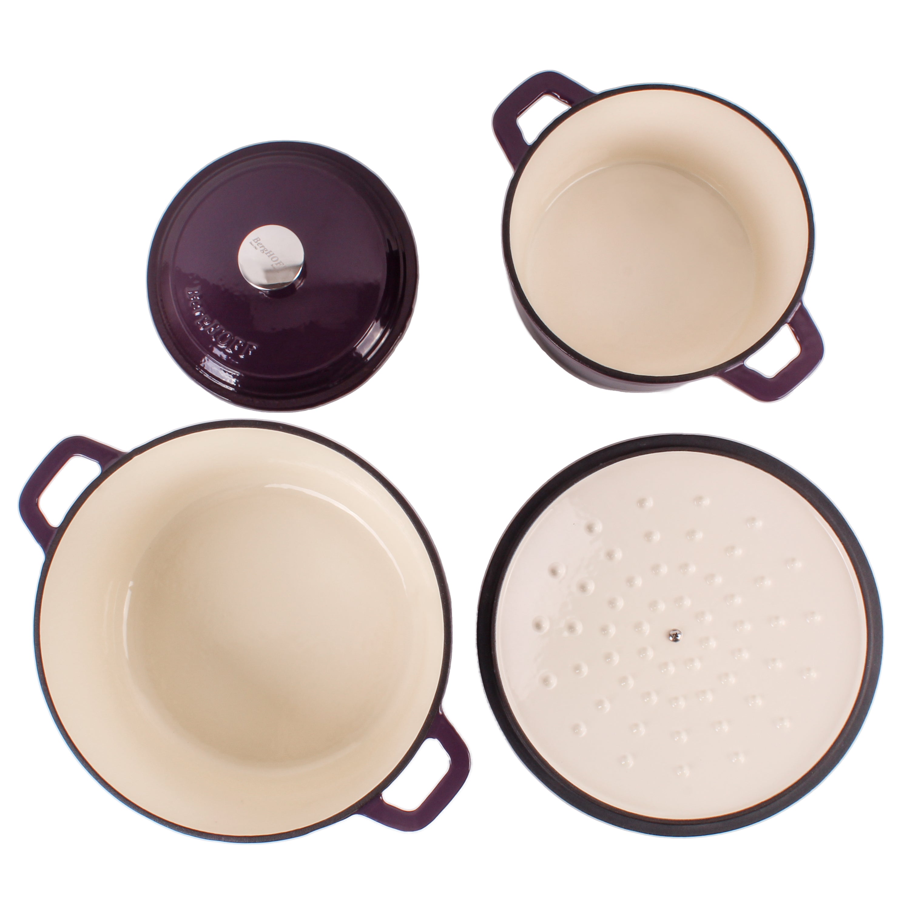 BergHOFF Neo 4-Piece Cast Iron Cookware Set - 3 Quart & 7 Quart Dutch Oven with Lid - Purple Enameled Cookware for Braising, Stewing & Baking - Perfect for Stovetop, Oven & Camping Cooking