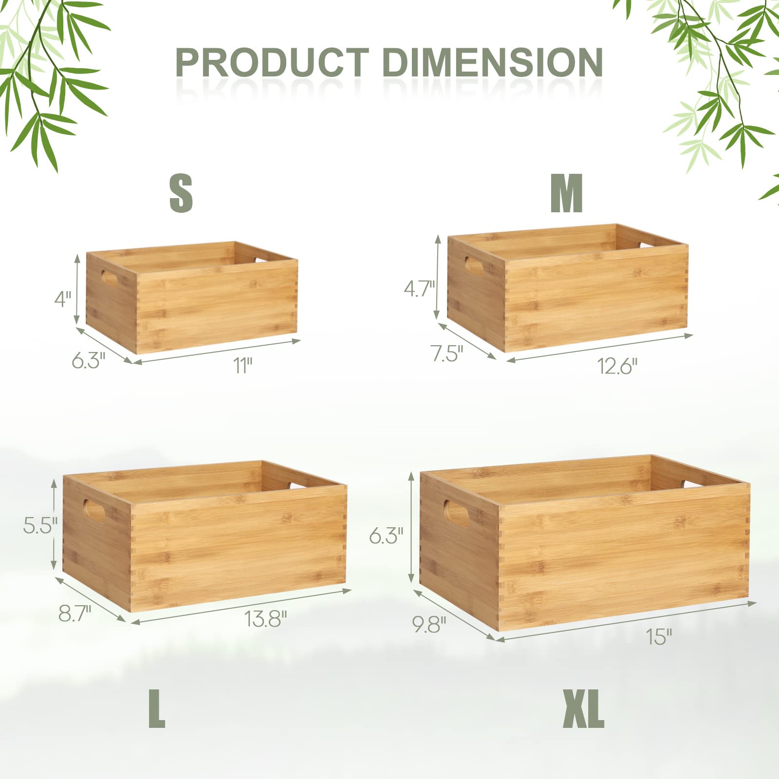 ANMINY Set of 4 Nesting Wooden Storage Crates - Natural Bamboo Wood Organizer Bins with Handles for Home, Office, Closet & Shelf Organization - Perfect for Toys, Books, Blankets & Home Decor Storage
