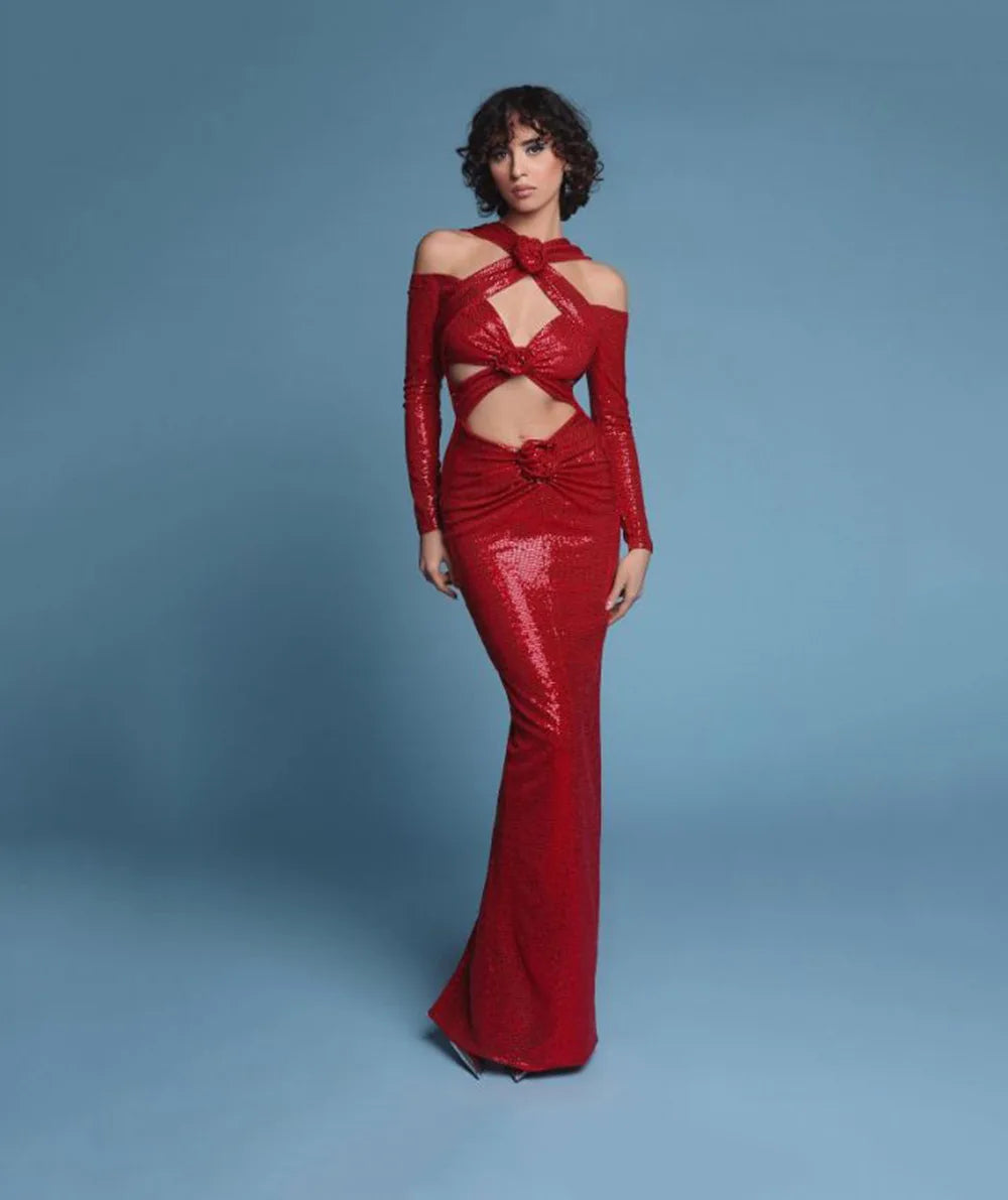 2024 New Autumn Red Sequin Long Sleeve Sexy Halter Bodycon Mermaid Dress for Women - Wedding, Party & Special Occasions