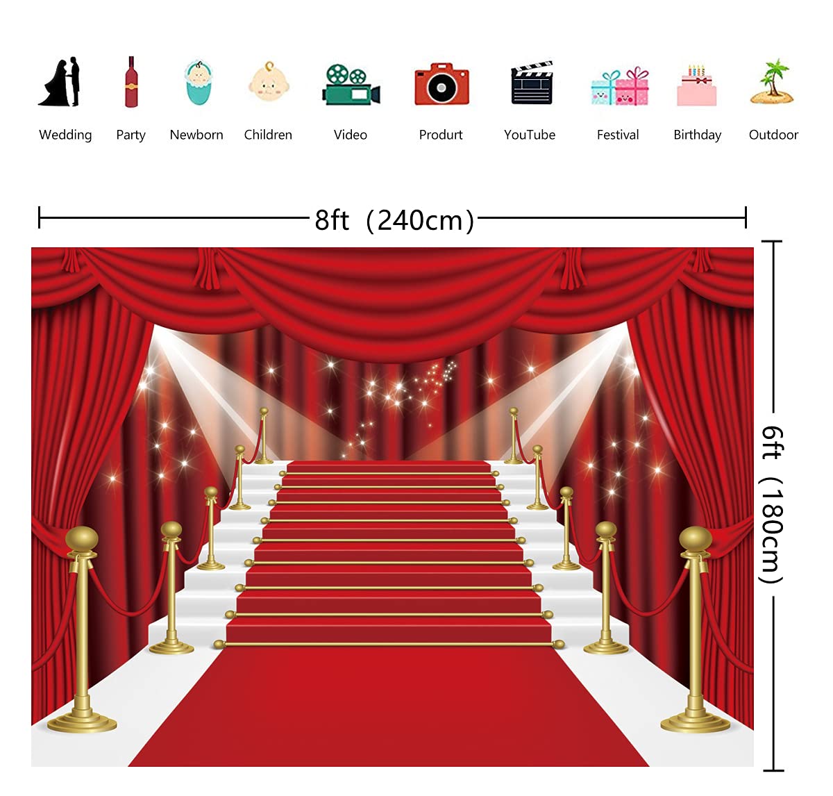 INRUI 8x6FT Red Curtain Photography Backdrop - Premium Red Carpet Stage Background for Film Stars, Celebrity Parties, Theater Performances & Hollywood Theme Events
