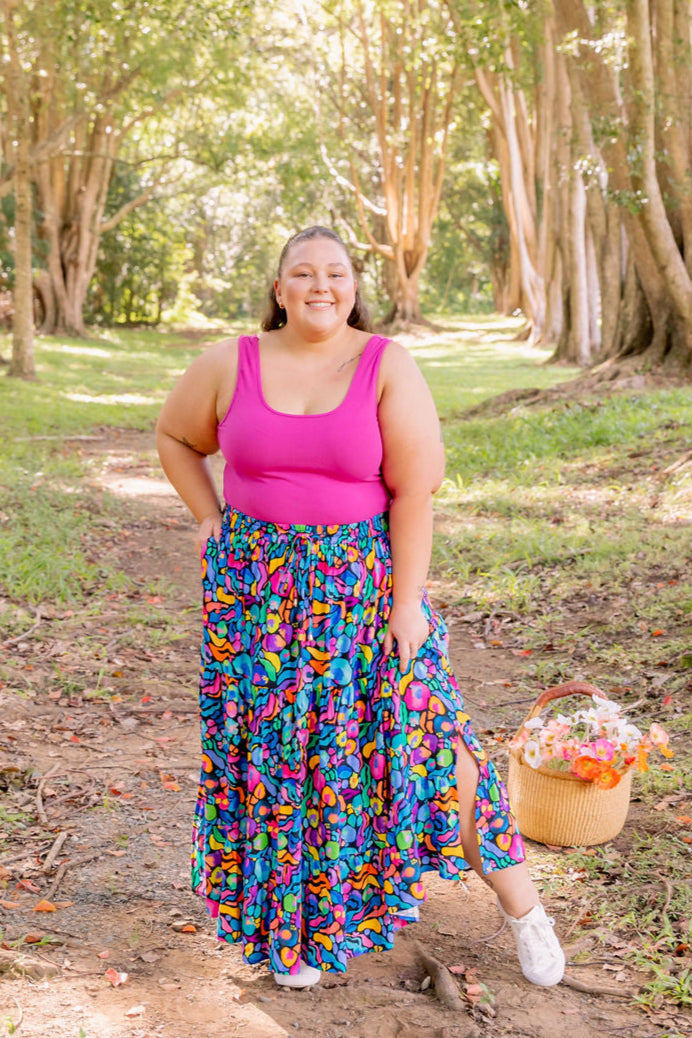 Kasey Rainbow African Print Carrie Skirt - Stylish Floral Midi Skirt for Women, Perfect for Summer Outfits, Beach Vacations & Boho Fashion