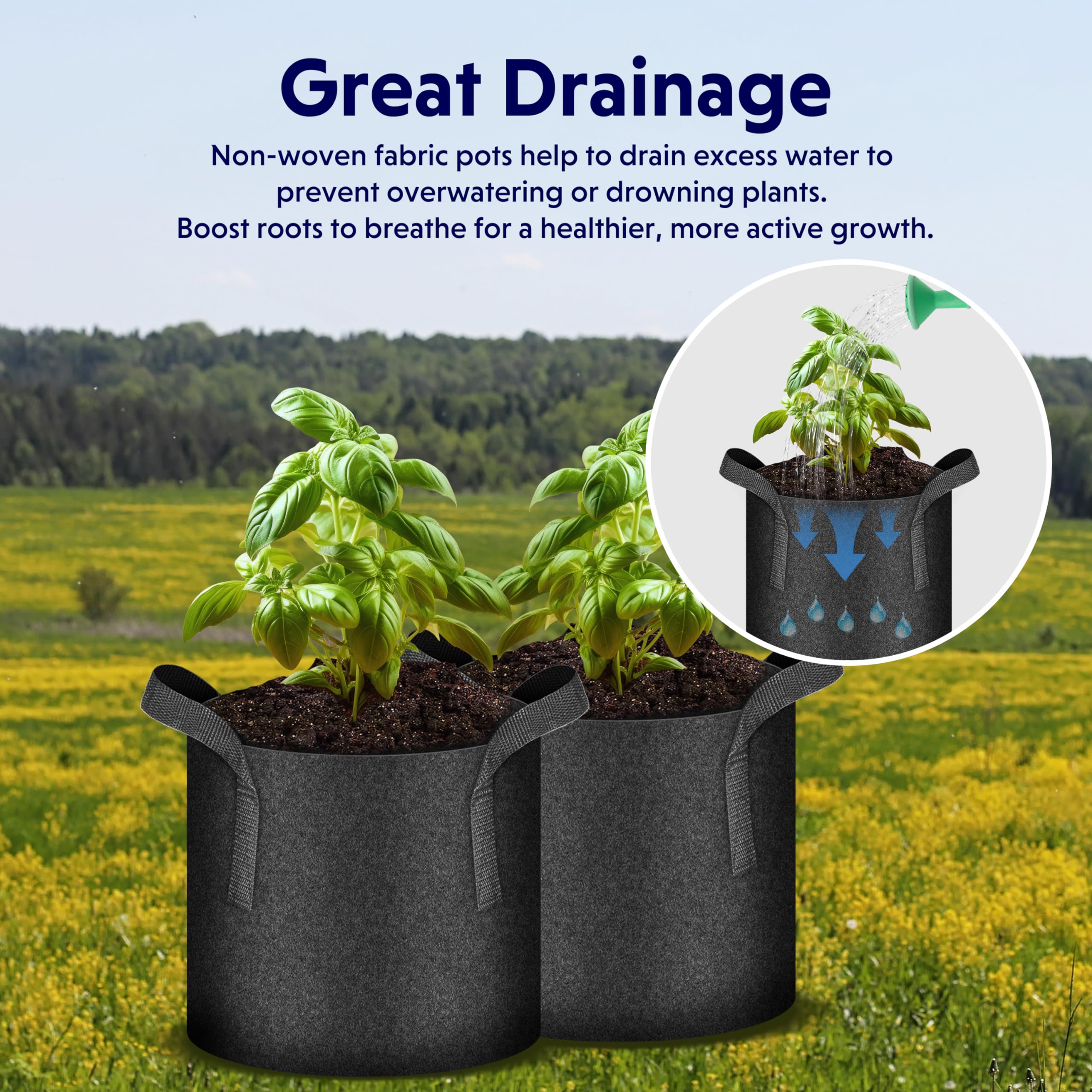 iPower 5-Pack 5 Gallon Thickened Nonwoven Fabric Grow Bags with Handles - Aeration Plant Pots for Vegetables, Flowers, Herbs - Ideal for Indoor/Outdoor Gardening, Balcony & Container Planting