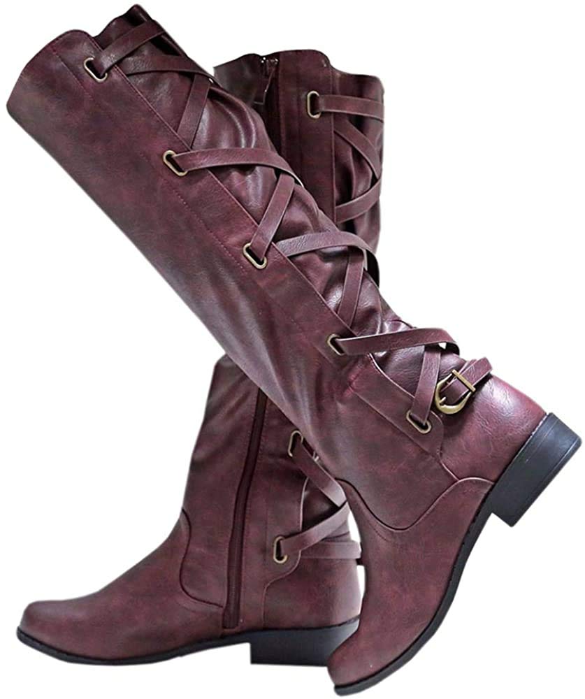 Coutgo Women's Knee High Lace Up Boots - Motorcycle Riding, Combat, Winter Boots with Straps & Low Heel for Casual Wear, Outdoor Adventures & Fashion Outfits
