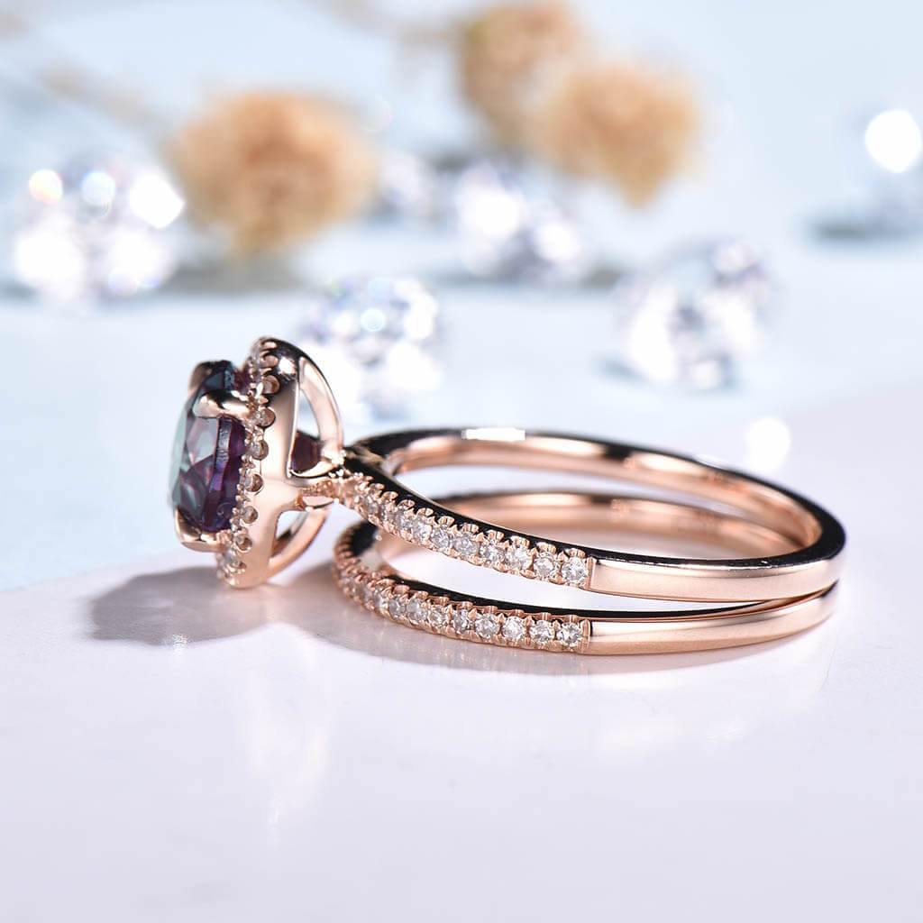 **Alexandrite Diamond Halo Engagement Ring & Wedding Band Set for Women - Perfect for Proposals, Bridal Jewelry, and Anniversary Gifts**