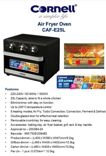 Cornell 25L Air Fryer Oven with Turbo Convection Technology - Large Capacity, Energy Efficient, Digital Touch Control - Perfect for Family Cooking, Healthy Meals & Quick Snacks
