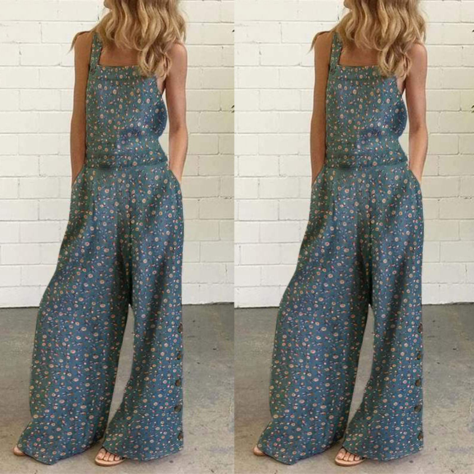 Floral Printed Jumpsuits for Women - Casual Sleeveless Spaghetti Strap Romper with Wide Leg Pants, Plus Size Summer Outfits for Beach, Vacation & Streetwear Fashion