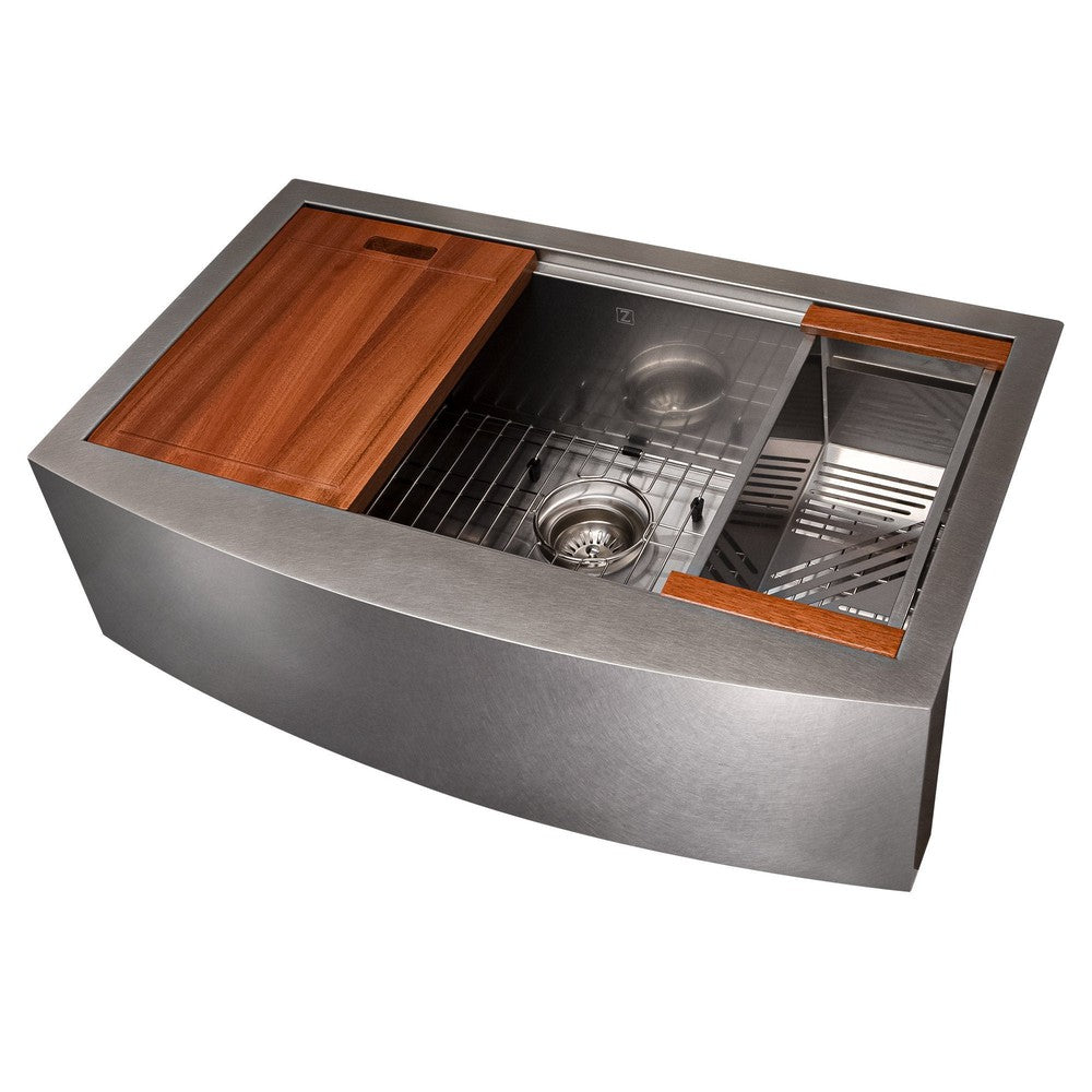 ZLINE 33 Inch Farmhouse Apron Front Single Bowl Kitchen Sink with Bottom Grid & Accessories - Stainless Steel, Multiple Color Options (SLSAP 33) - Perfect for Modern Farmhouse, Rustic & Traditional Kitchens