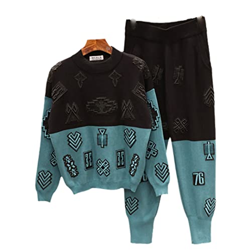 Bqxxdeo Women's Embroidery Knit Sweater & Long Pants 2-Piece Tracksuit Set - Cozy Winter Outfit for Casual Wear, Lounge & Street Fashion