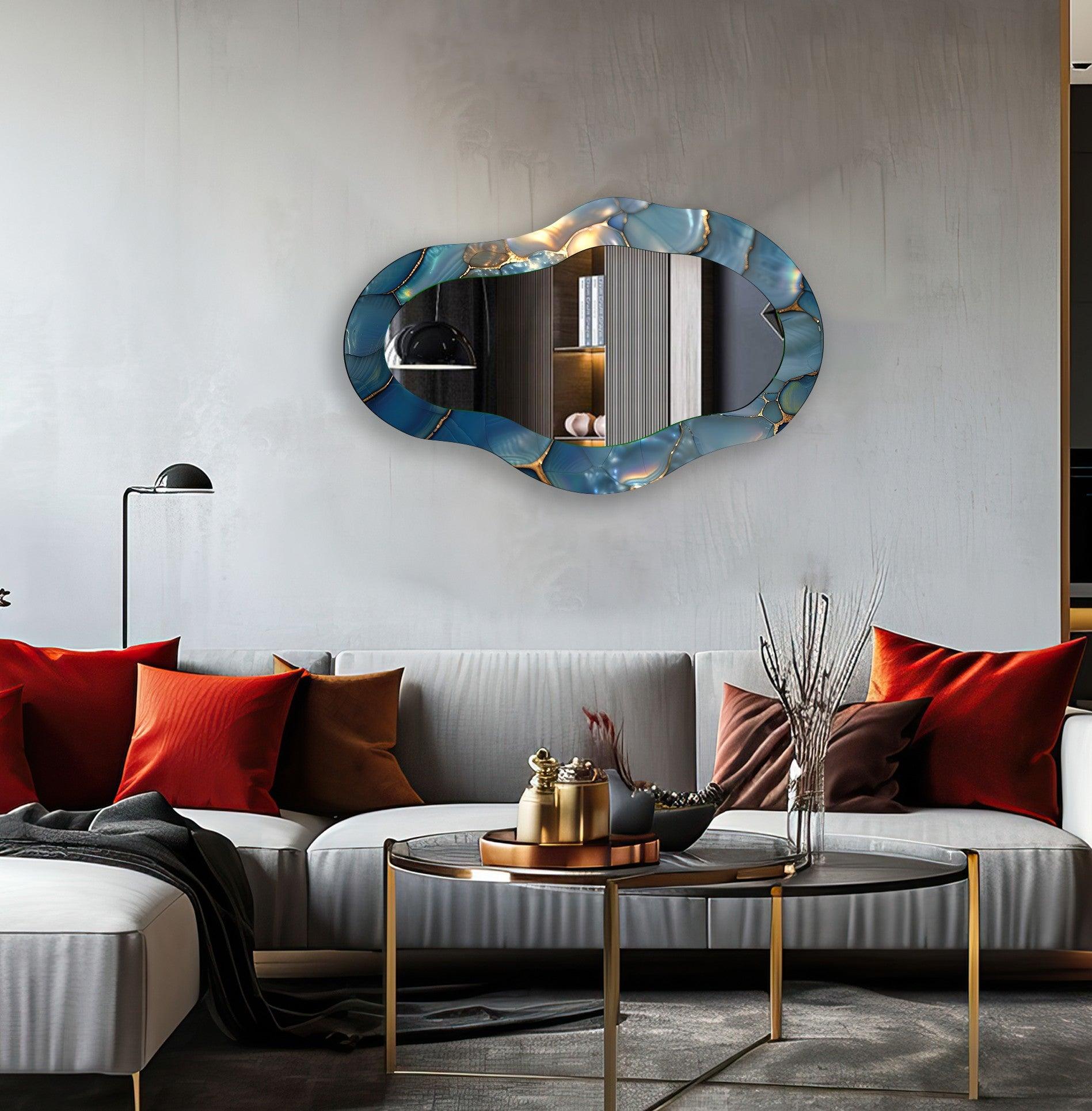 Blue Metallic Asymmetrical Wall Mirror - Modern Decorative Mirror for Living Room, Bedroom & Entryway - Unique Home Decor Accent Piece
