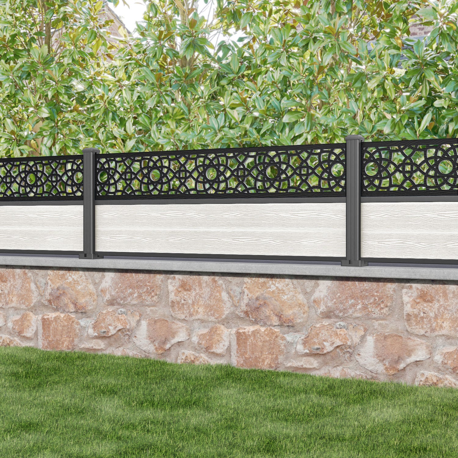 Classic Amber Fence Panel Light Stone with Aluminum Posts - Durable Outdoor Privacy Fence for Garden, Yard, and Pool Area Protection