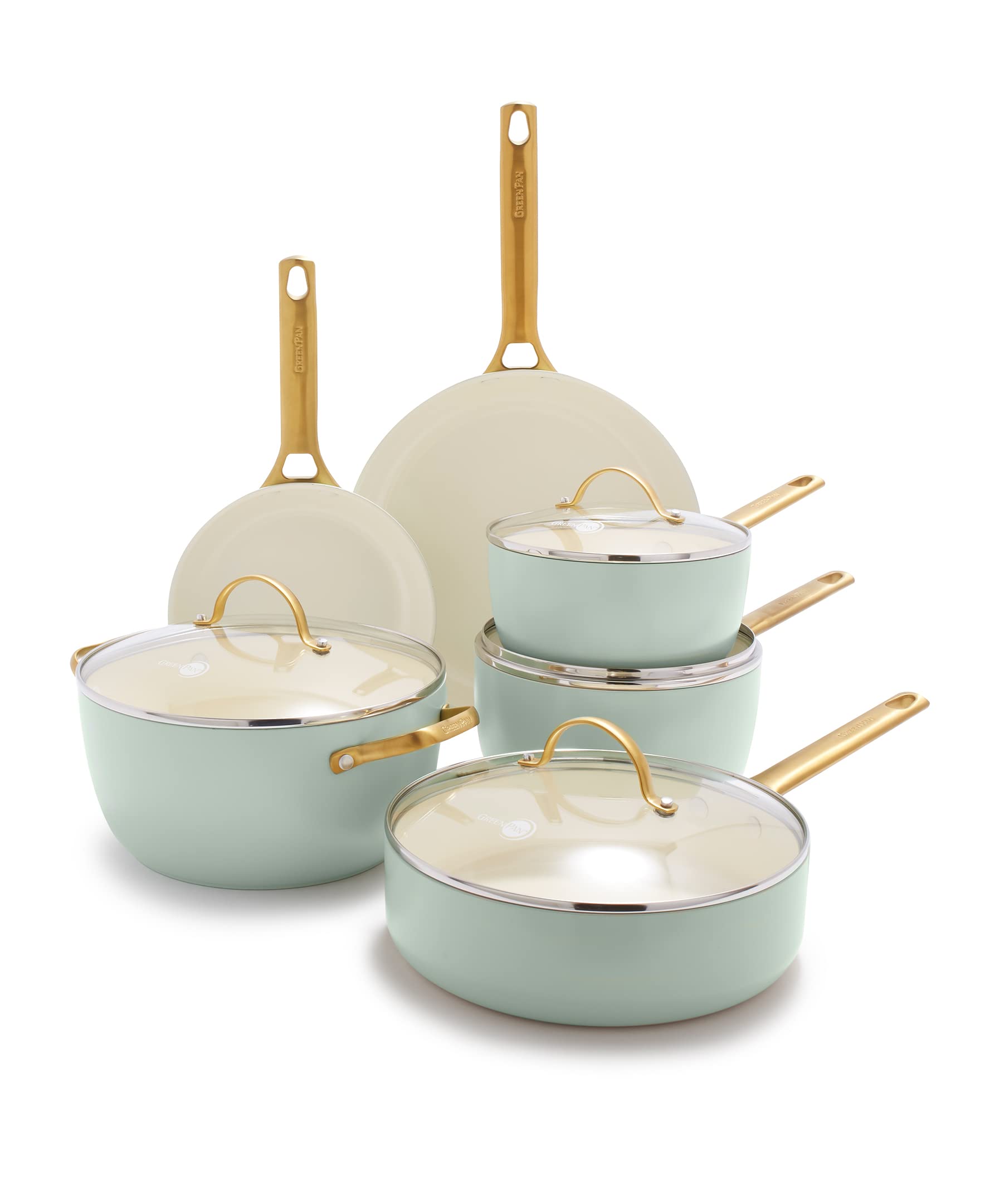 GreenPan Reserve Hard Anodized 10-Piece Nonstick Cookware Set - PFAS & PFOA-Free Ceramic Coating, Gold Stainless Steel Handles, Dishwasher & Oven Safe (Julep Green) - Perfect for Healthy Cooking, Family Dinners & Professional Chefs