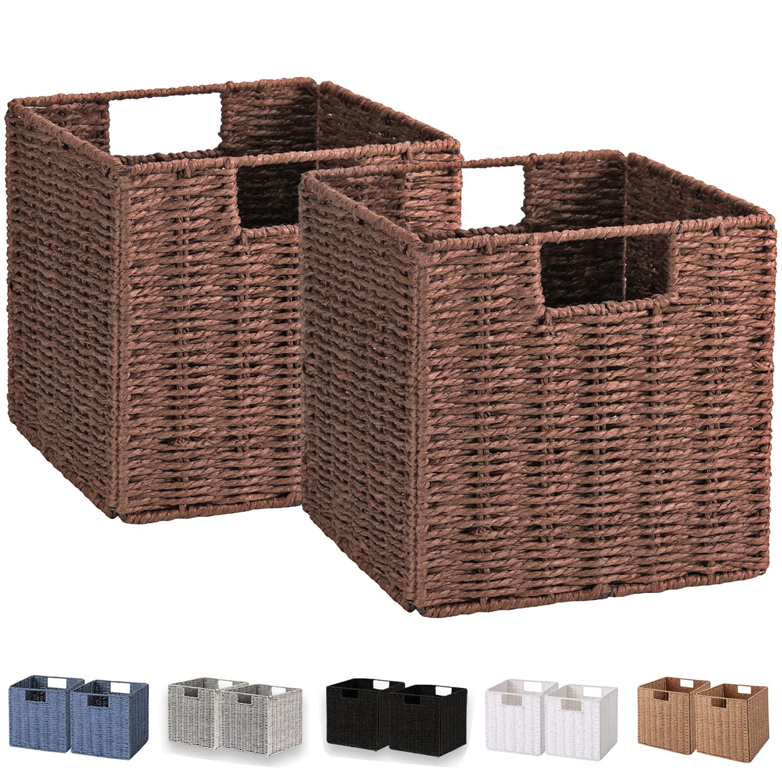 Vagusicc Wicker Storage Basket Set of 2 - Hand-Woven Foldable Cube Bins with Handles for Shelves - 9 Inch Small Woven Baskets for Pantry, Bedroom & Home Organization - Brown - Perfect for Closet Storage, Laundry Room & Nursery Decor