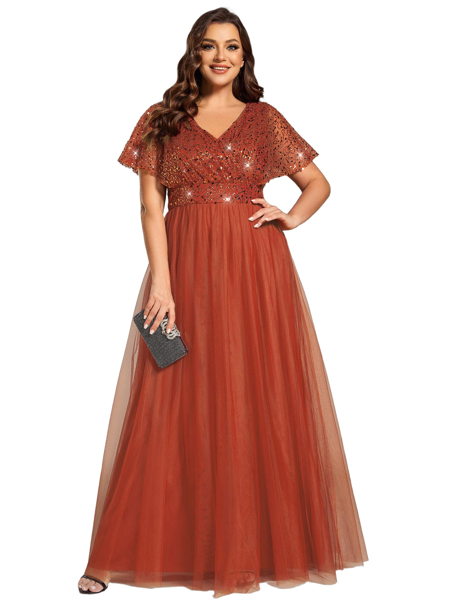 Ever-Pretty Plus Size Women's V-Neck Sequin A-Line Evening Dress - Short Sleeve Formal Gown for Curvy Figures | Perfect for Prom, Wedding Guest & Special Occasions