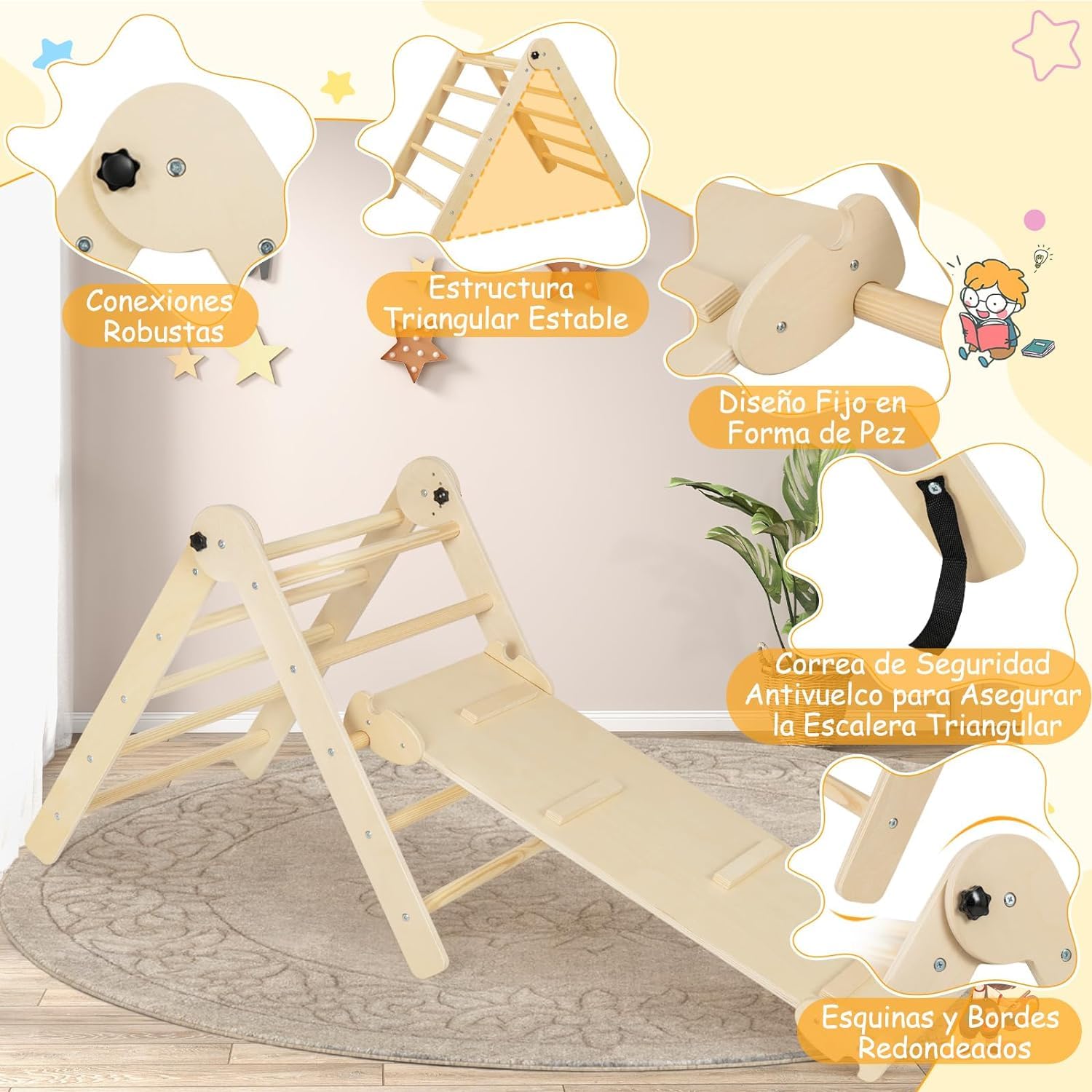 GOPLUS 4-in-1 Foldable Montessori Climbing Triangle with Slide & Ramp - Indoor Play Gym for Kids Ages 3-9 Years - 60KG Weight Capacity (Natural Wood) - Perfect for Home Playrooms, Daycares & Montessori Learning Spaces