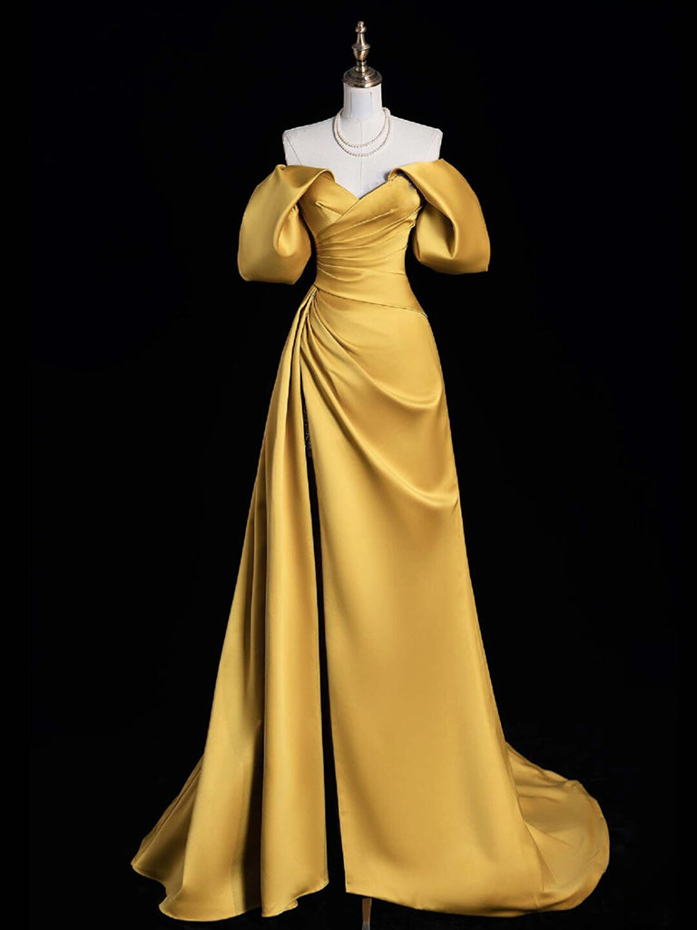 Elegant A-Line Off-Shoulder Satin Gold Long Prom Dress & Evening Gown for Formal Events, Homecoming, Wedding Guest, and Special Occasions