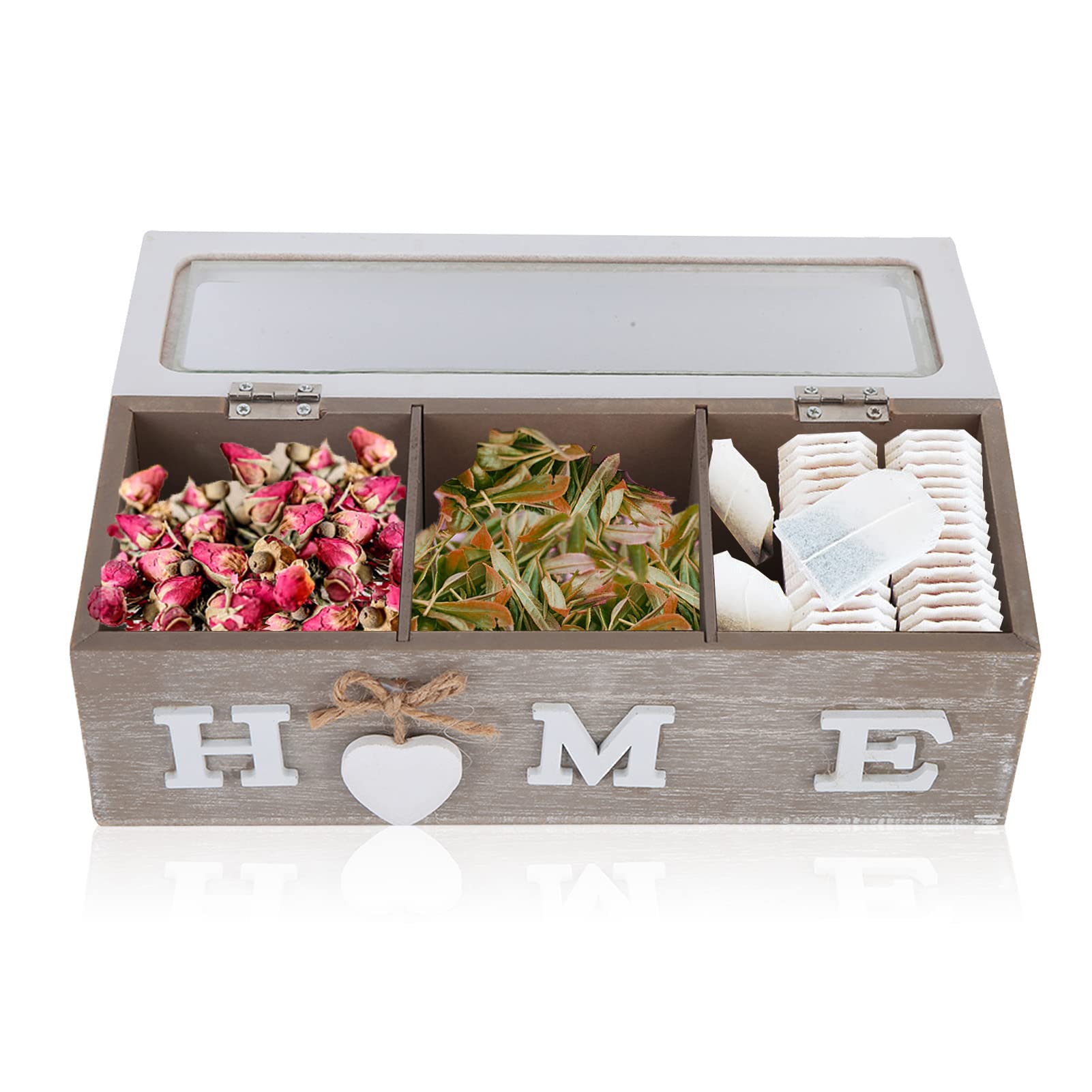 Premium Wooden Tea Box with Lid - Tea Bag Organizer & Storage Chest - Clear Sampler Assortment Box for Loose Leaf & Bagged Teas - Perfect for Kitchen, Pantry, or Gift Giving