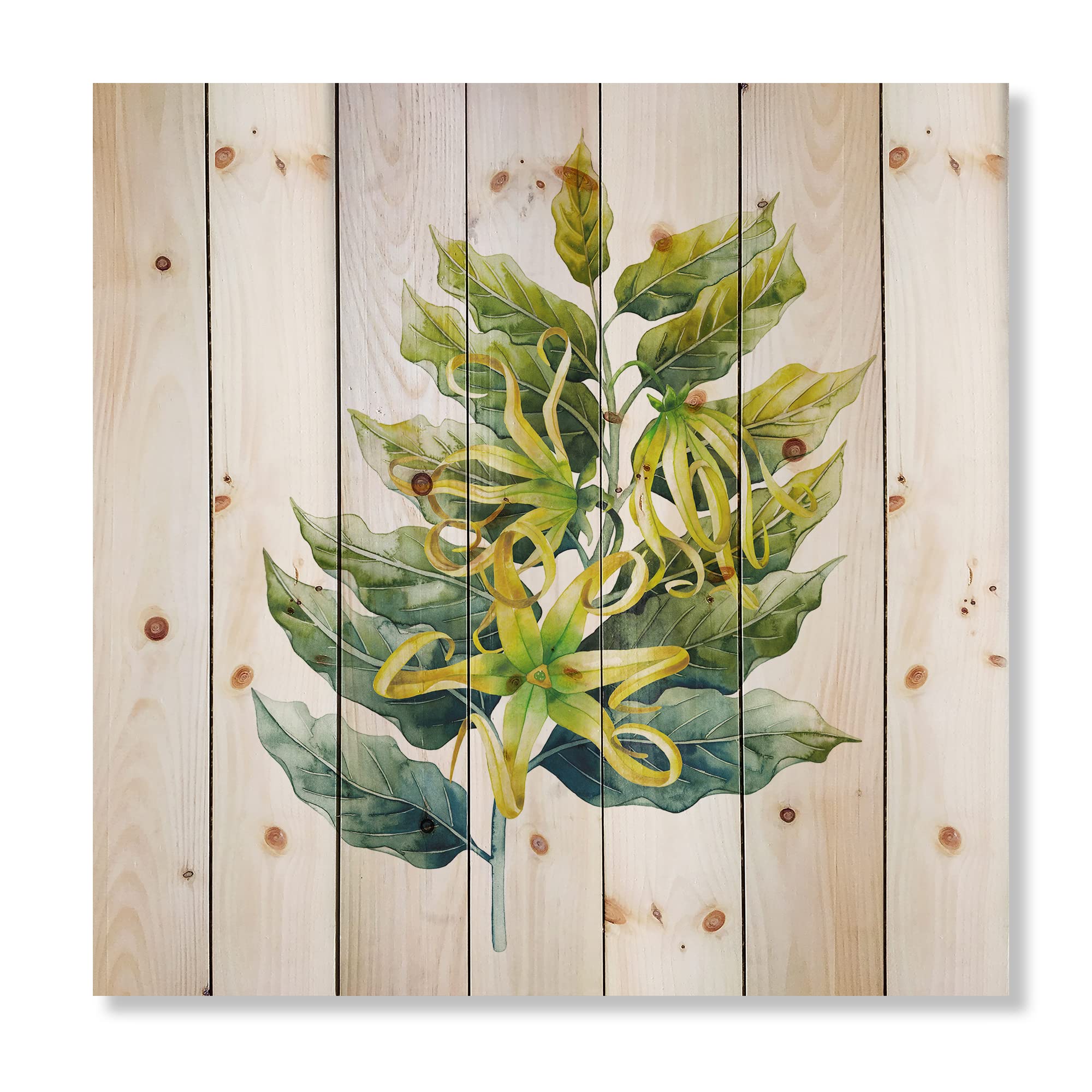 DesignQ Ylang Ylang Flower Wood Wall Decor - Handmade Traditional Floral Wall Art Panel, Large Green Botanical Pine Wood Painting for Living Room, Bedroom & Office Decoration