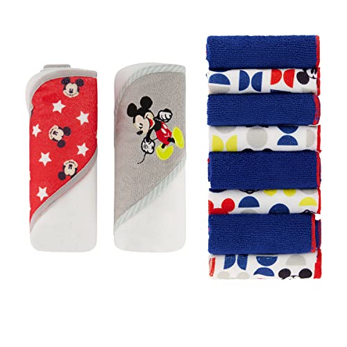 Disney Hooded Baby Towel Set - 2 Soft Character Baby Bath Towels & 8 Washcloths for Newborns, Infants, Boys & Girls | Cute Nursery Bath Time Essentials for Shower, Swimming & Photo Shoots