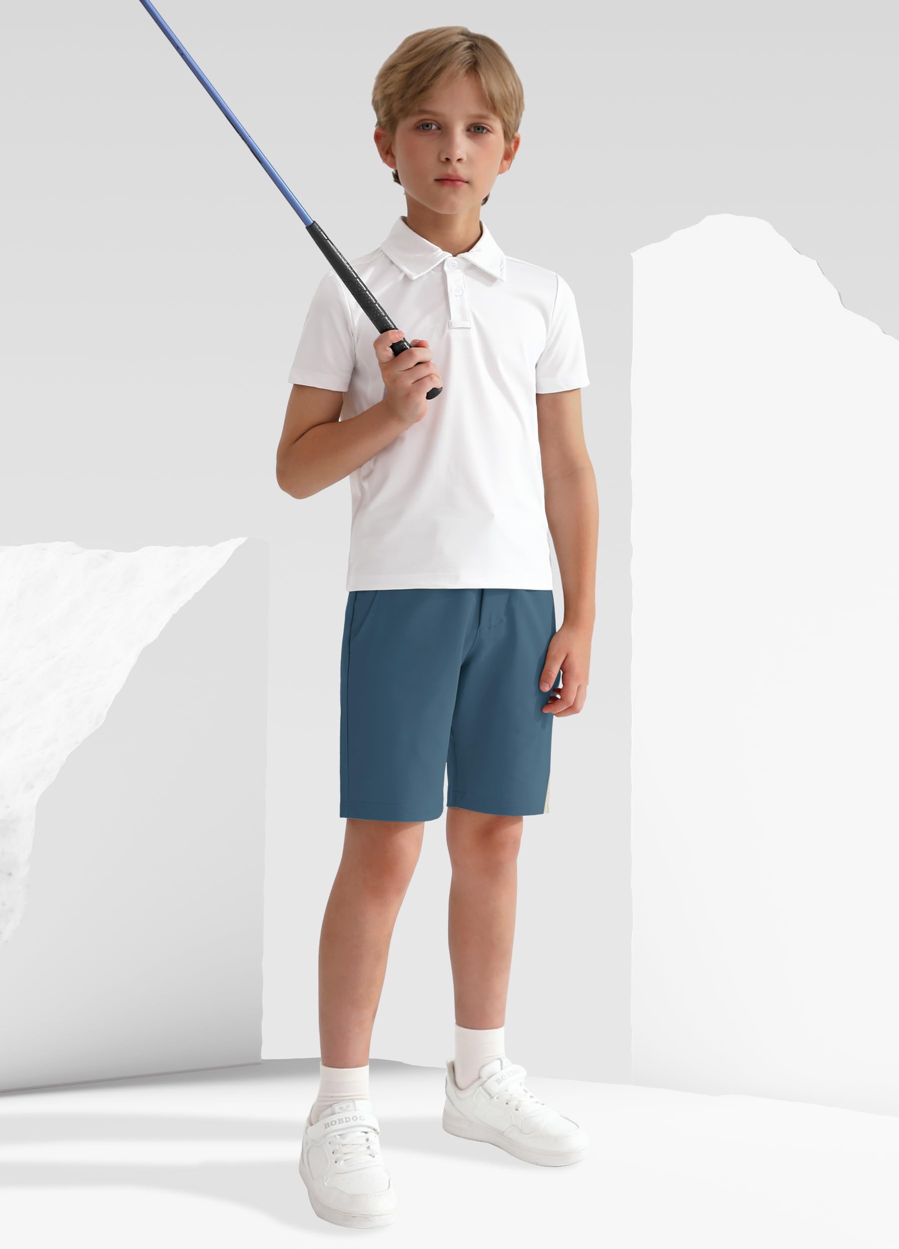 **Boys' Golf Shorts - Stretch Khaki Youth Uniform Dress Shorts with Zip Pocket | Performance Twill Casual Shorts for Kids | Perfect for Golf, School & Outdoor Activities**