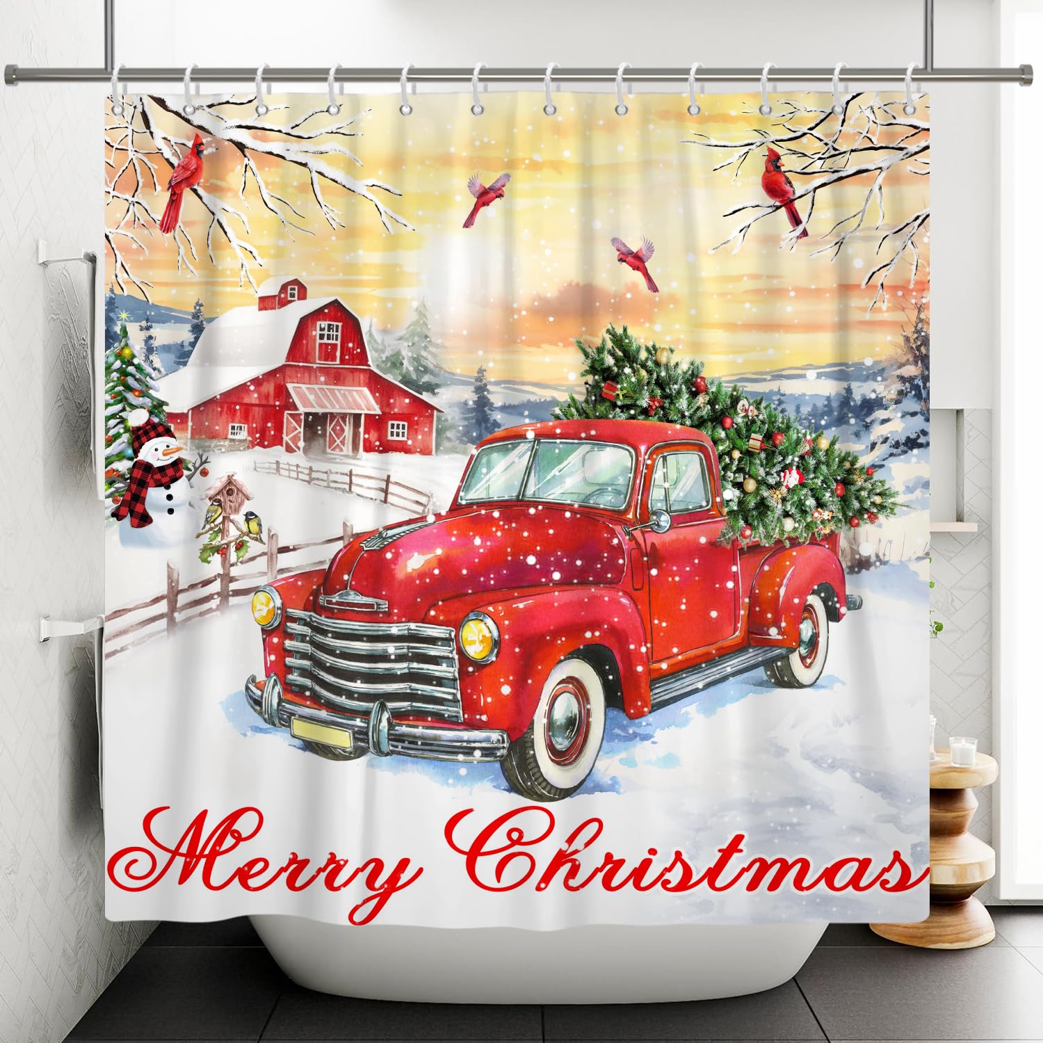 Red Truck Farmhouse Christmas Shower Curtain Set - 72x72 Inch Holiday Bathroom Decor with Snowman, Xmas Tree & Winter Mountain Design - Includes 12 Hooks for Cozy Cabin, RV or Apartment Bathroom