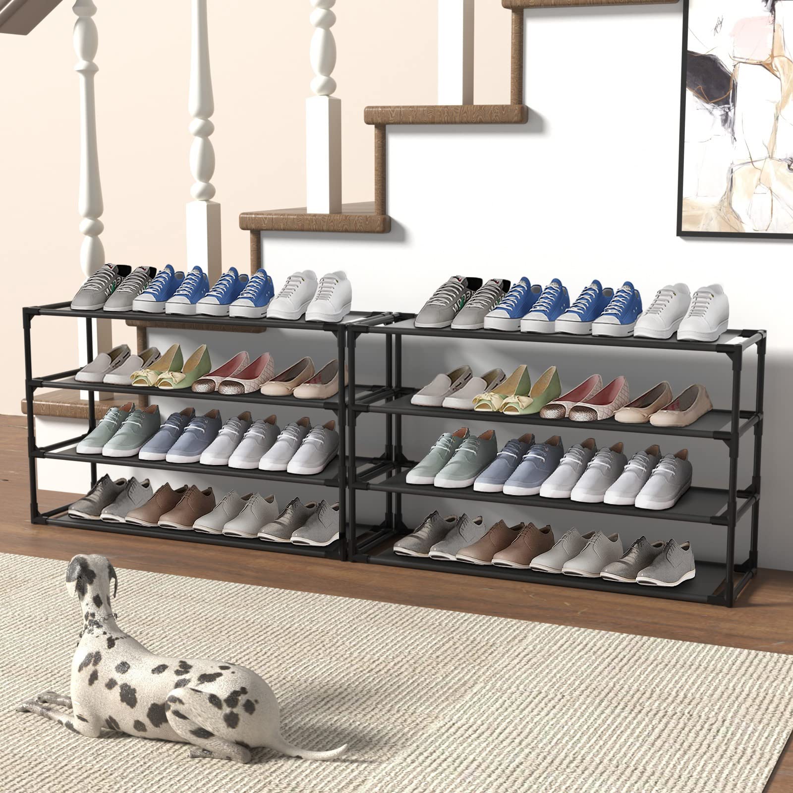 2-Pack 4-Tier Shoe Rack Organizer with Detachable Metal Frame & Non-Woven Fabric - Space Saving Shoe Storage Cabinet for Entryway, Hallway, Bathroom - Perfect for Small Spaces and Apartment Living
