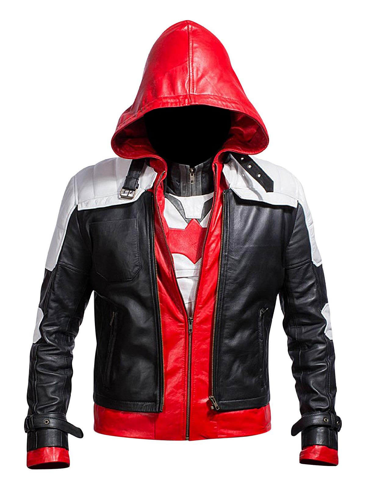 Men's Red Hood Faux Leather Jacket with Vest - XL Size Black White Red Color - Polyester Lined for Warmth | Perfect for Motorcycle Riding, Winter Fashion & Outdoor Activities