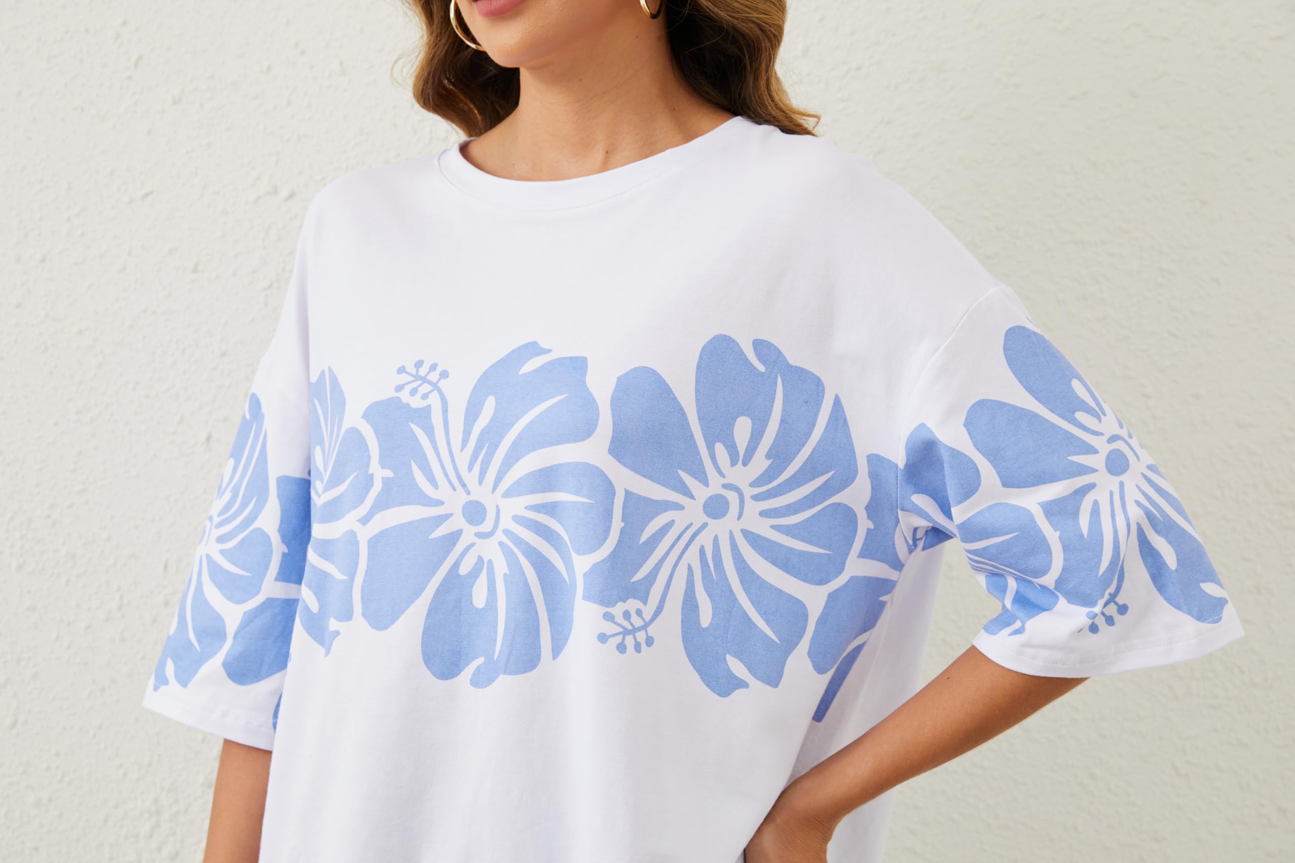 Oversized Hibiscus Floral Graphic T-Shirt for Women - Soft Cotton Crewneck Tee with Hawaiian Flower Design | Perfect for Casual Wear, Beach Outfits & Summer Fashion