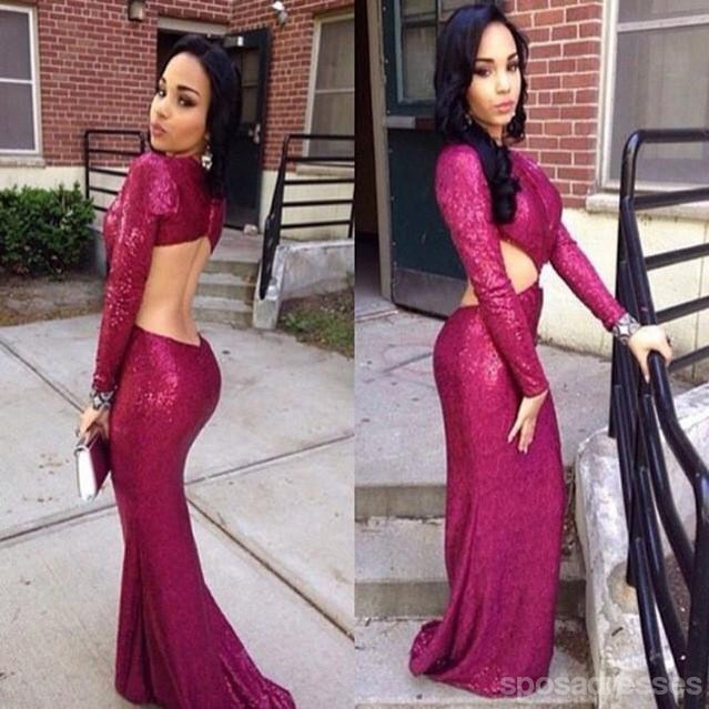 Elegant Long Sleeve Sequin Mermaid Evening Prom Dress - Sexy Backless Purple Party Gown for Women | Custom Formal Prom Dress for Homecoming, Ball, Quinceañera & Special Occasions