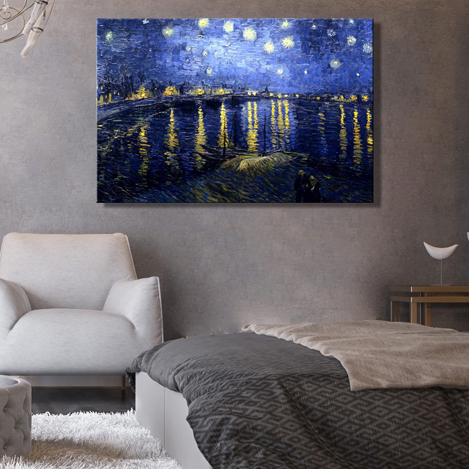 Hand Painted Van Gogh Starry Night Over The Rhone Oil Painting on Canvas - Famous Art Reproduction Wall Decor for Living Room, Bedroom, Office & Hotel - Perfect for Home Decoration and Gift Giving
