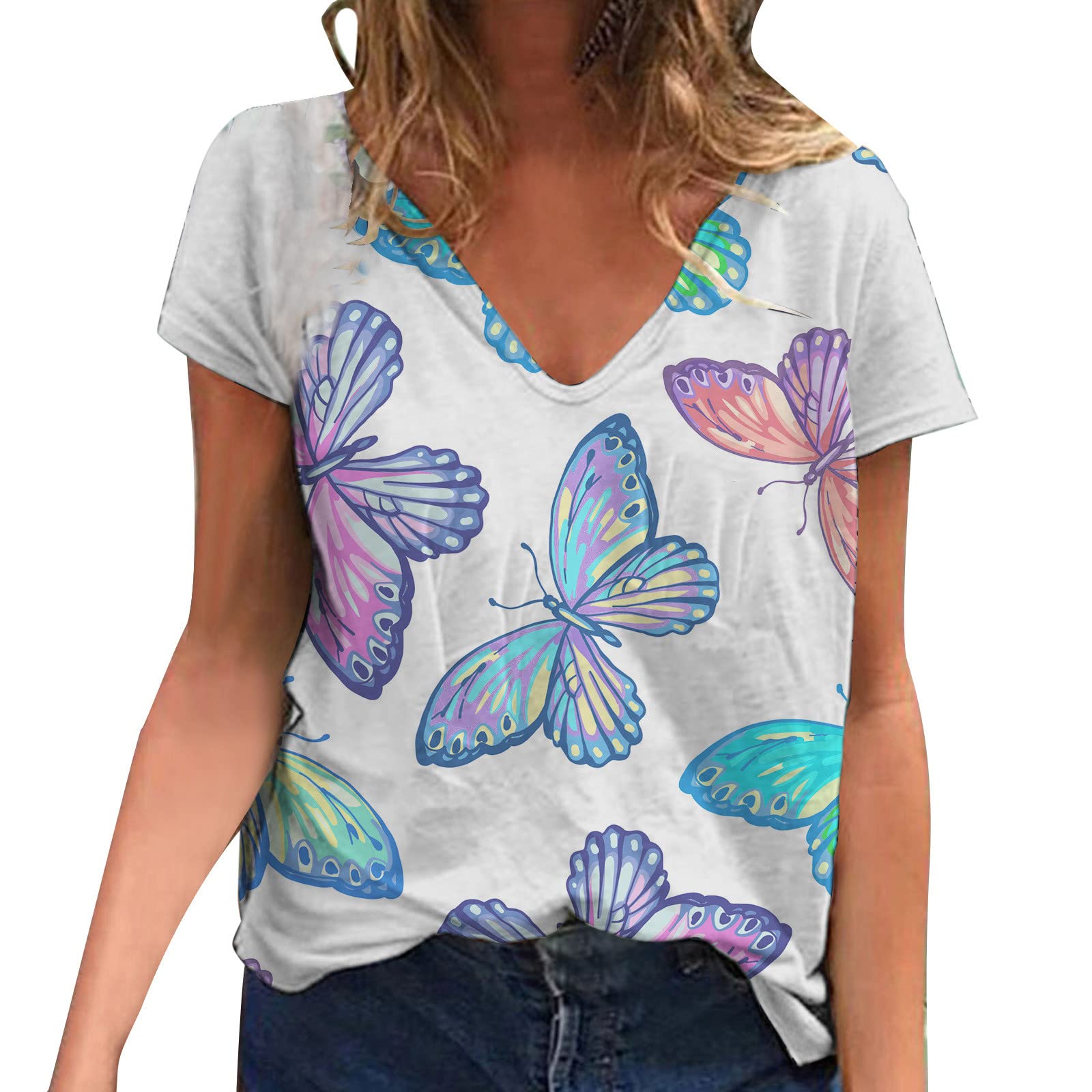 Trendy Women's Summer V-Neck Printed T-Shirt - Casual Short Sleeve Loose Fit Tunic Blouse (White, XXL) | Perfect for Beach Outings, Weekend Brunch & Summer Vacations