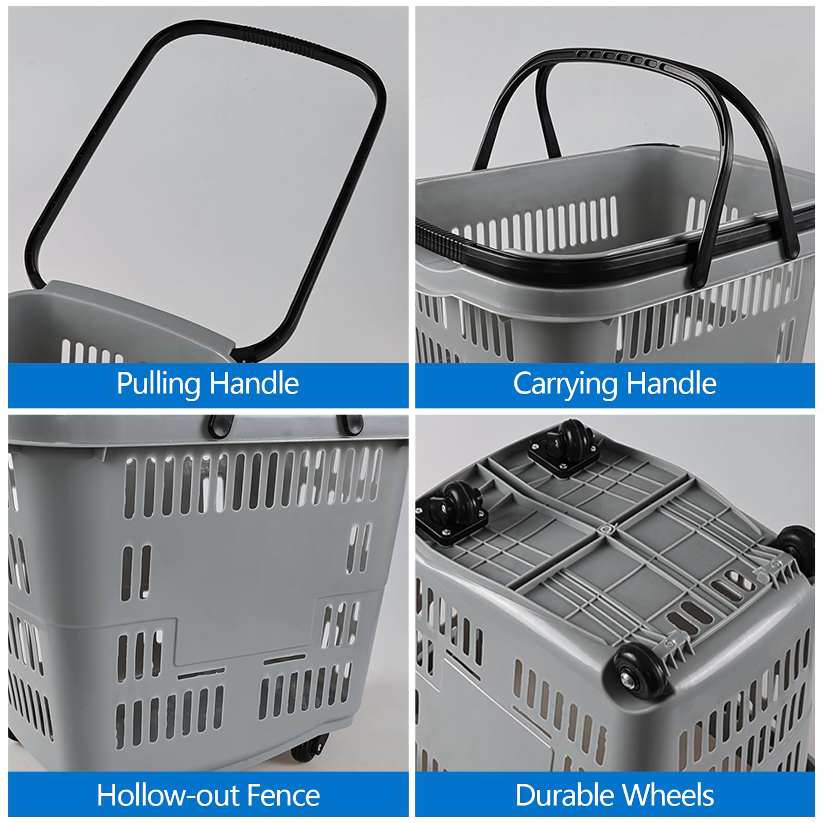 50L Rolling Shopping Basket with Wheels - 4 Pack for Groceries & Storage