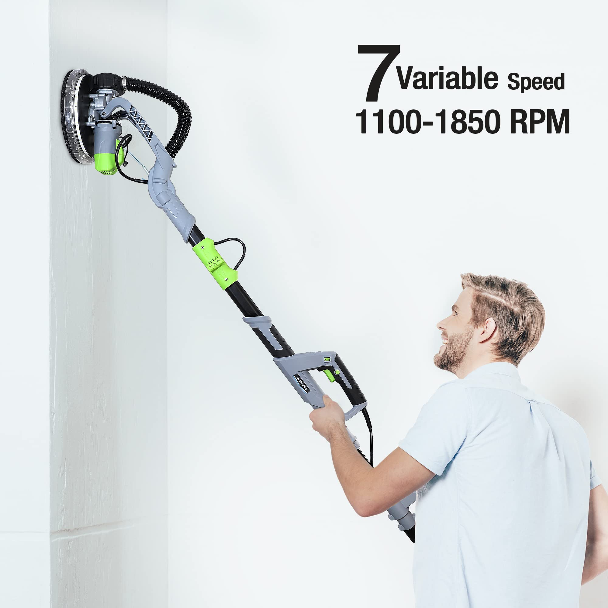 WORKPRO 720W Electric Drywall Sander with 12 Sanding Discs, 7-Speed Adjustable (1100-1850 RPM) - Wall Sander with Extendable Handle & LED Light for Drywall Repair, Ceiling Smoothing, and Floor Sanding - Perfect for Home Renovation and Professional Construction Projects