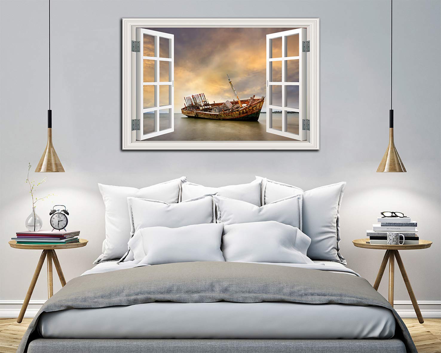 Urttiiyy Framed Canvas Wall Art - Abandoned Fishing Boat Beach Sunset Seascape Landscape Painting, Stretched & Ready to Hang - Coastal Home Decor for Living Room, Bedroom, Office (16x24 Inches) | Perfect for Beach House, Nautical Theme or Coastal Inspired Interior Design
