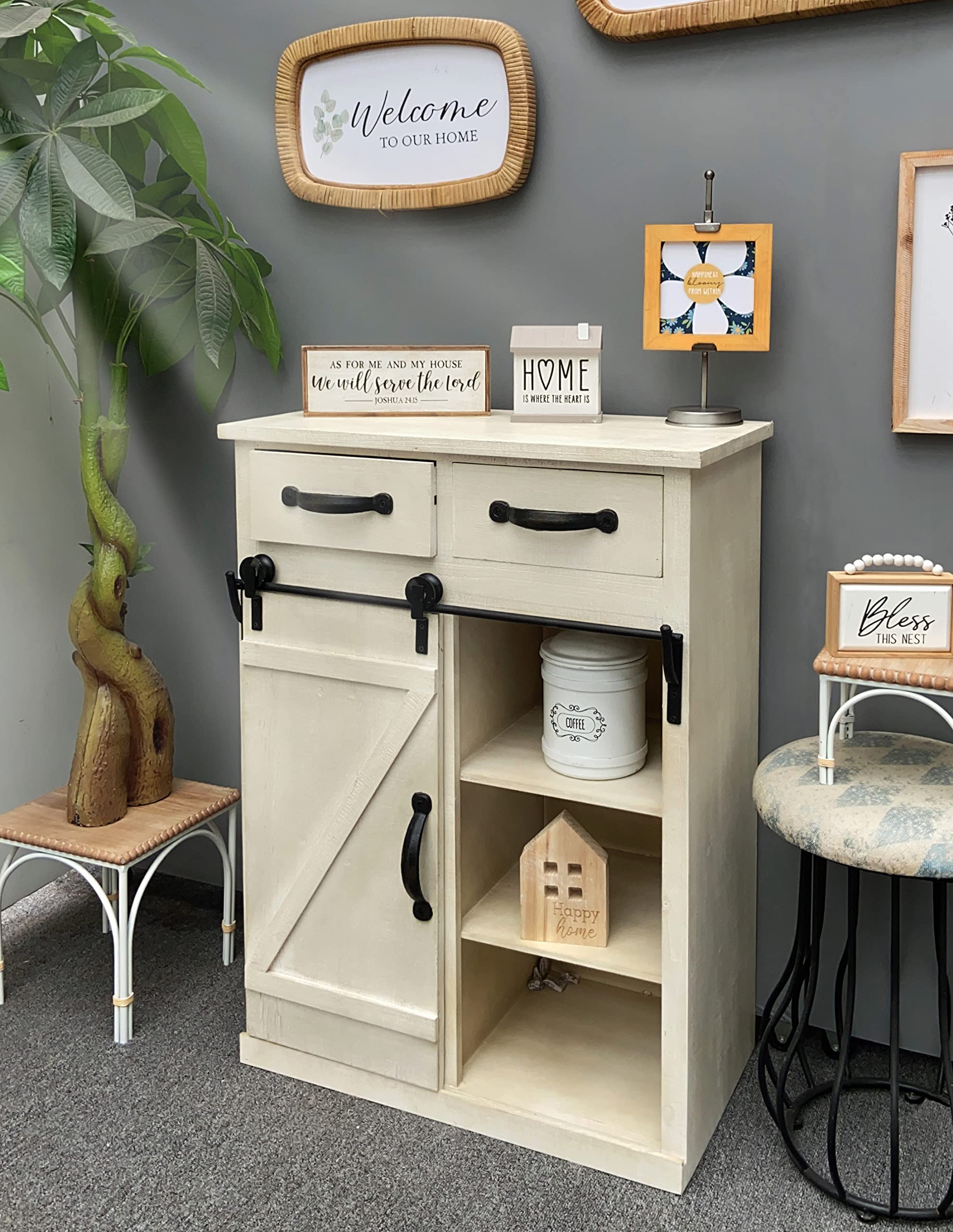 Vintage White Wooden Barn Door Cabinet with 2 Drawers - Classic Country Style Storage for Bedroom, Living Room & Farmhouse Decor