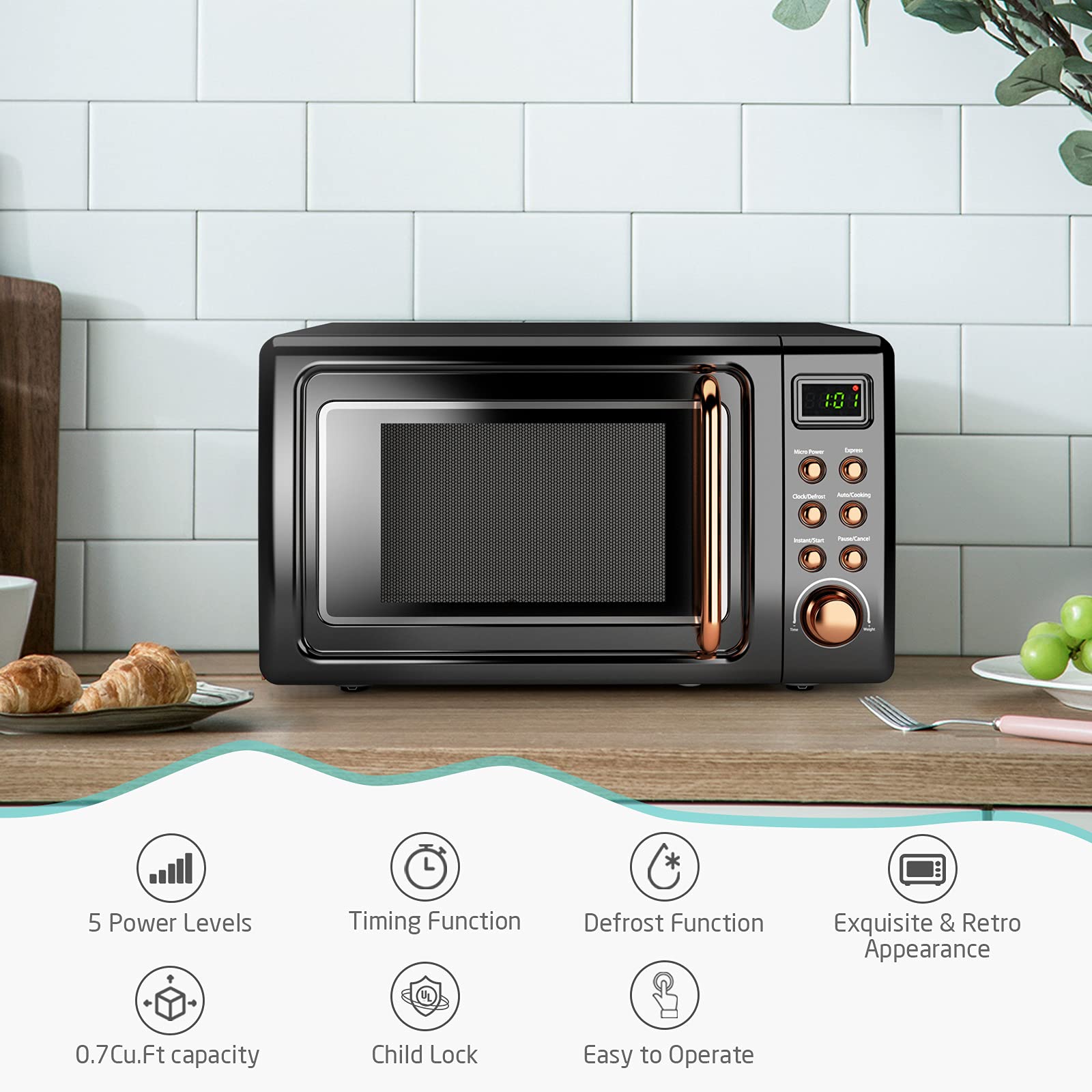 Retro Countertop Microwave Oven - SIMOE 0.7 Cu Ft Compact Microwave with Defrost, 5 Power Levels, 8 Auto-Cook Menus & Child Safety Lock - 700W Small Microwave with 10