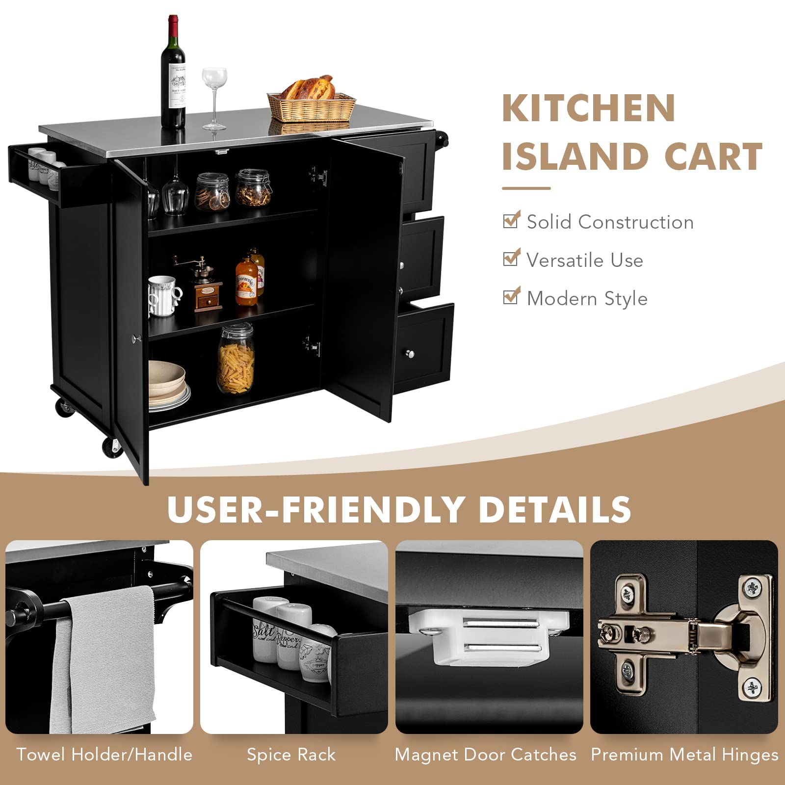 Giantex Kitchen Island with Stainless Steel Countertop - Mobile Kitchen Cart with 3 Drawers, Adjustable Shelves, 2-Door Cabinet & Spice Rack - Perfect for Small Kitchens, Food Prep & Extra Storage Space