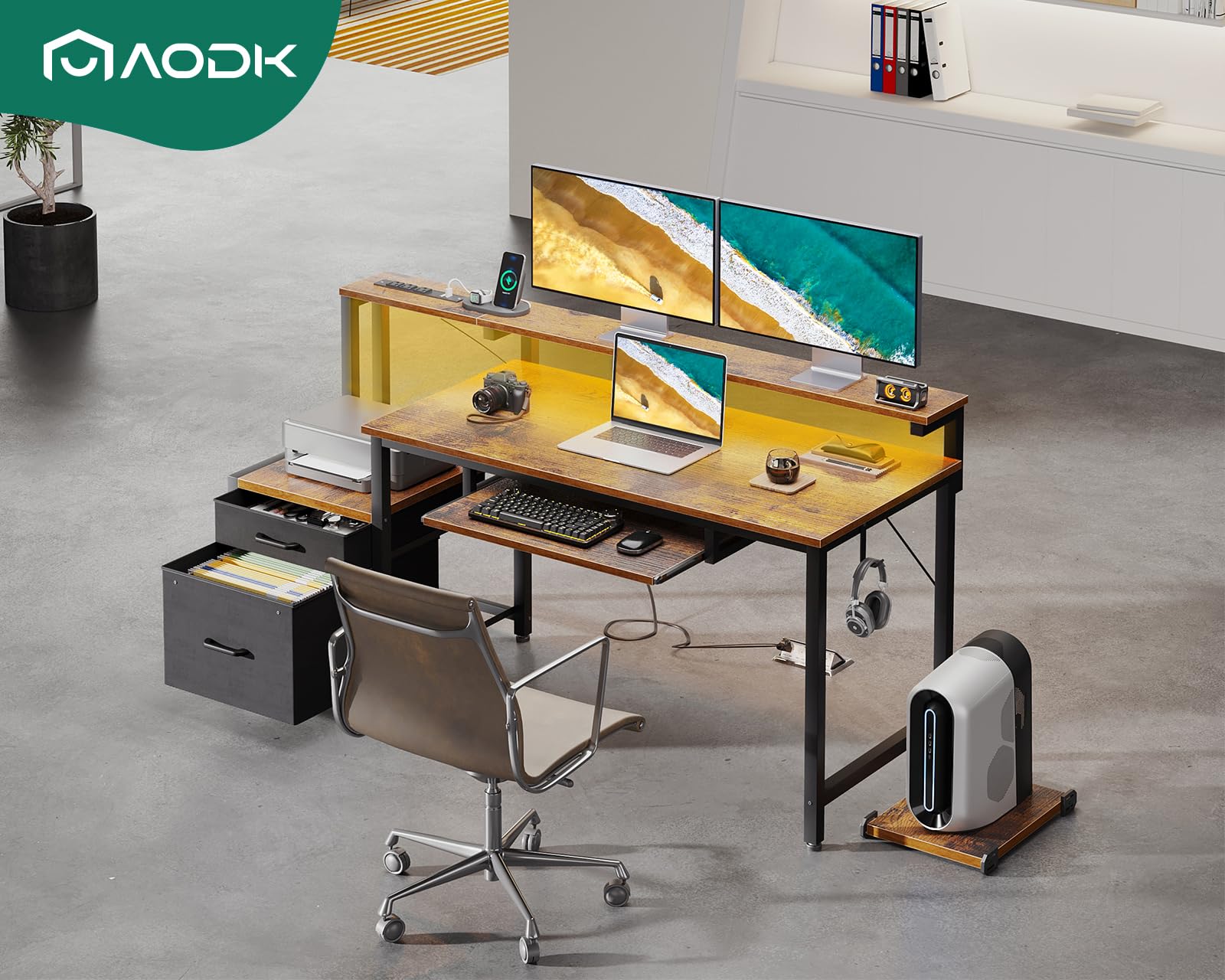 AODK 55 Inch Modern Computer Desk with Fabric File Cabinet & Drawers - Reversible Office Desk with Built-in Power Outlet & LED Lighting - Study Desk with Printer Stand, Keyboard Tray & Monitor Riser - Vintage Style Home Office Furniture for Small Spaces & Gaming Setups
