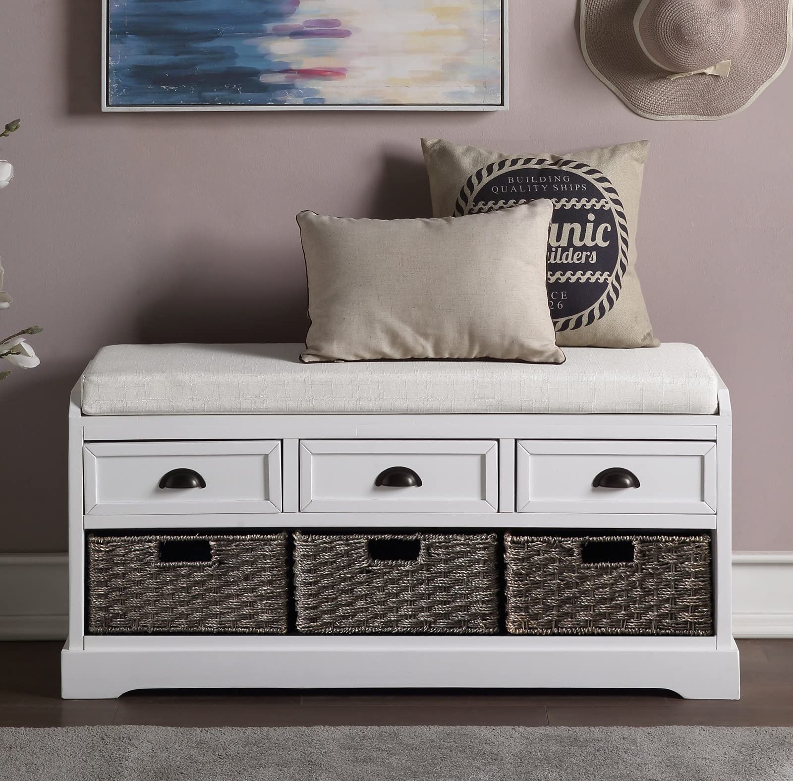 Rustic Wood Storage Bench with 3 Removable Rattan Baskets & 3 Drawers - Entryway Shoe Bench with Padded Seat Cushion - Hallway, Bedroom, Living Room Furniture for Home Organization & Decor