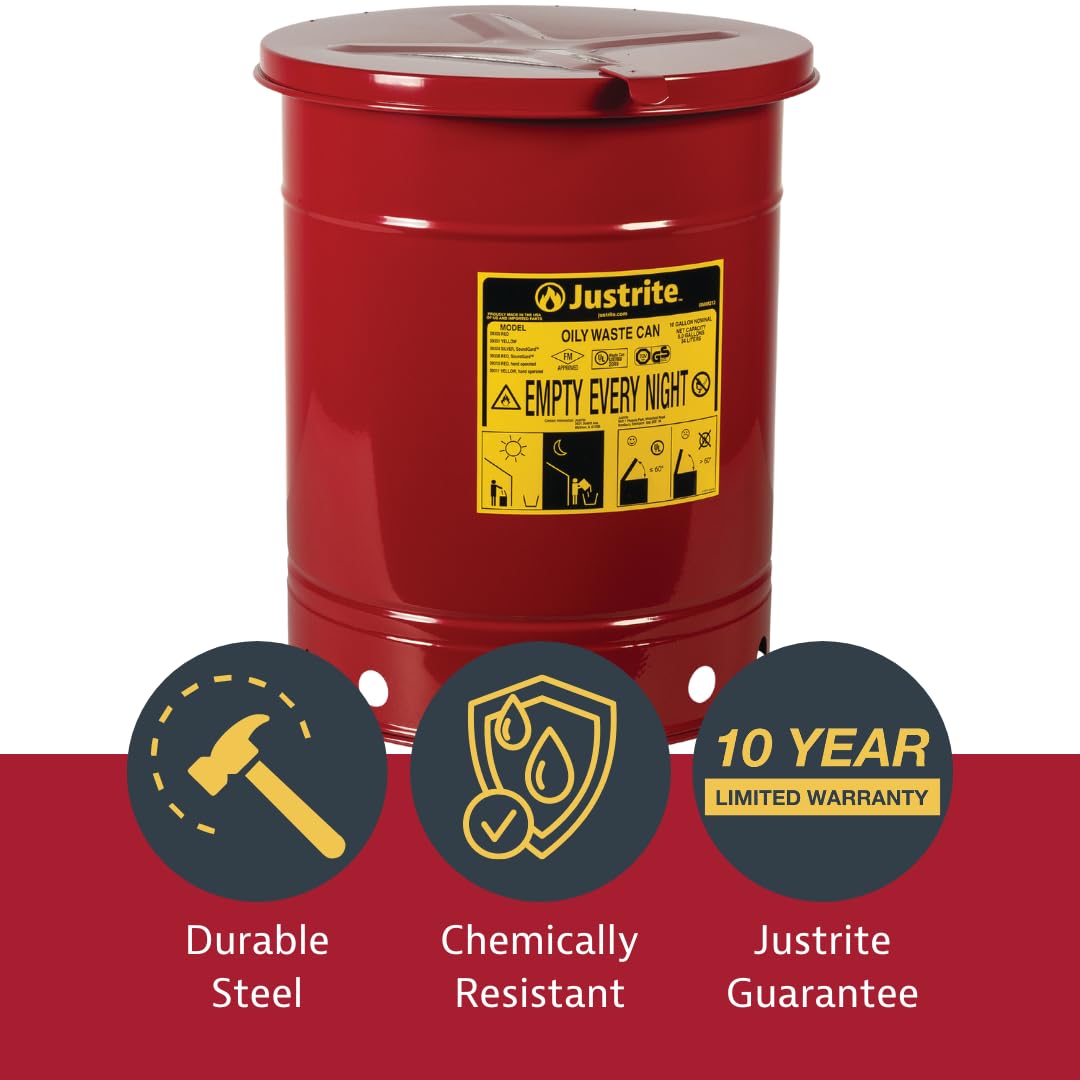Justrite 21 Gallon Galvanized Steel Oily Waste Can with Self-Closing Lid - 23.5