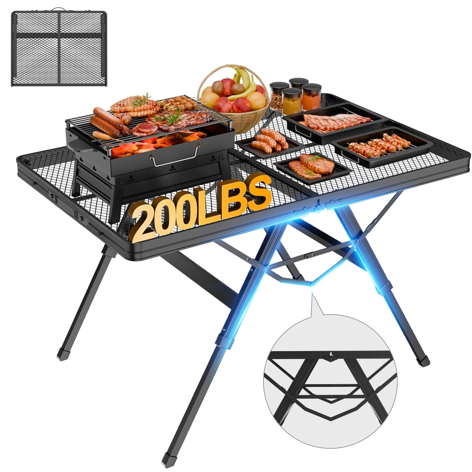 3 FT Folding Grill Table - Portable Adjustable Height Camping Table with Desktop | Lightweight Outdoor Picnic BBQ Table for Backyard, Tailgating & Beach Parties