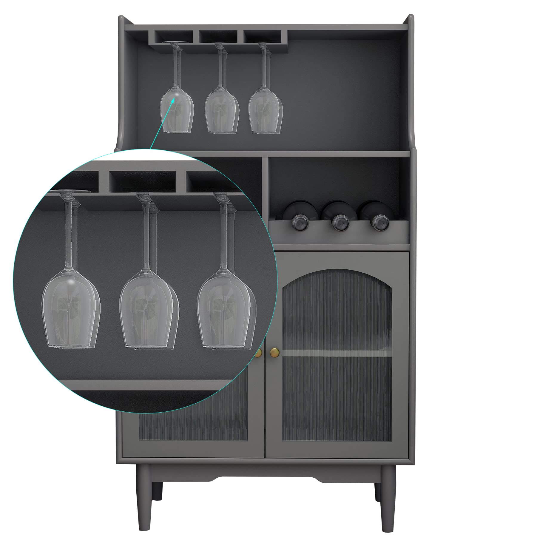 mikibama Wooden Bar Cabinet with Storage - Glass Hanger & Wine Rack Buffet Sideboard, Accent Console Table Credenza for Liquor, Kitchen, Living Room, Pub - Perfect for Home Entertaining & Dining Room Decor