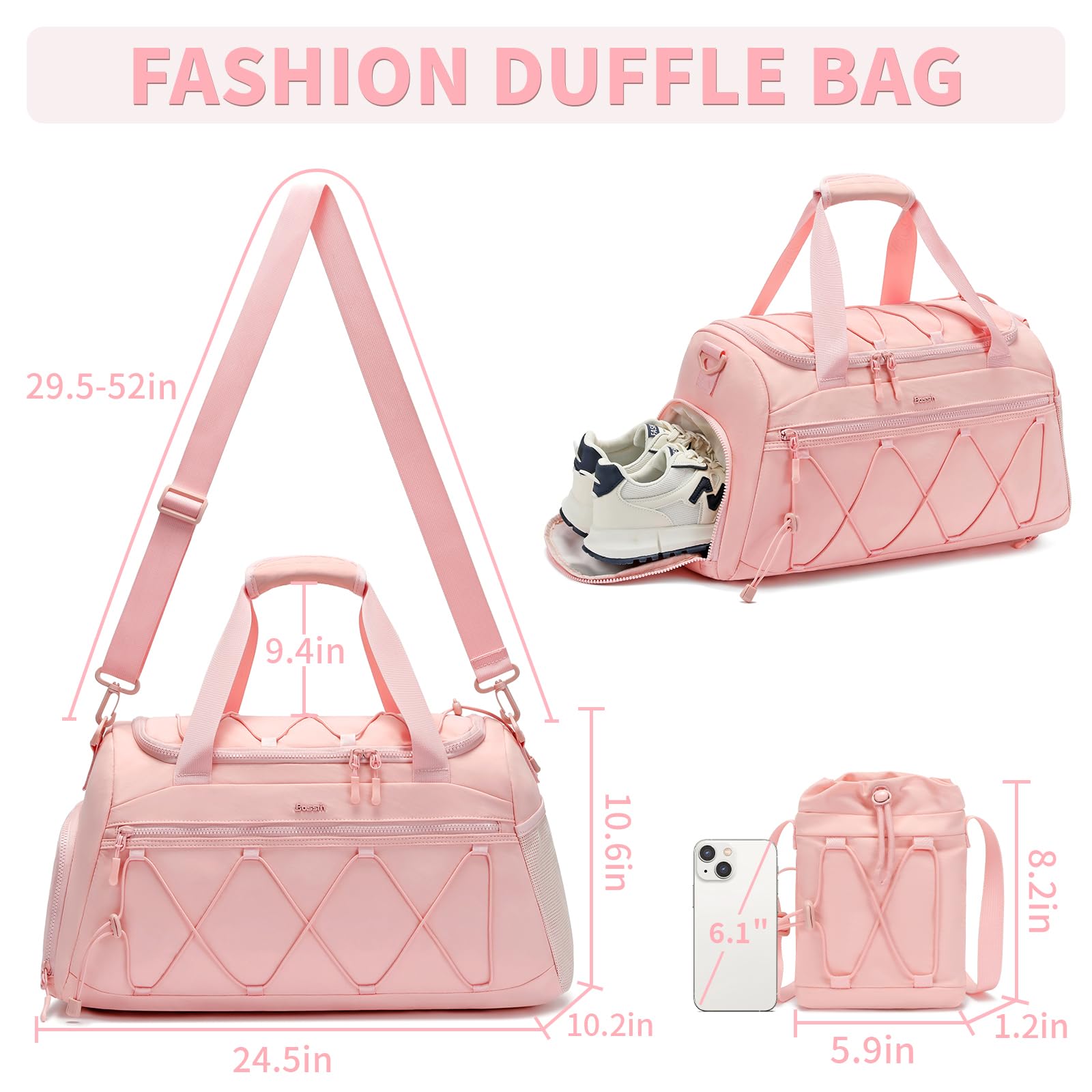 Women's 40L Gym Bag with Shoe Compartment - Sports Travel Duffel Backpack, Carry-On Weekender Overnight Bag, Workout Tote - Perfect for Gym, Travel & Fitness (Pink)