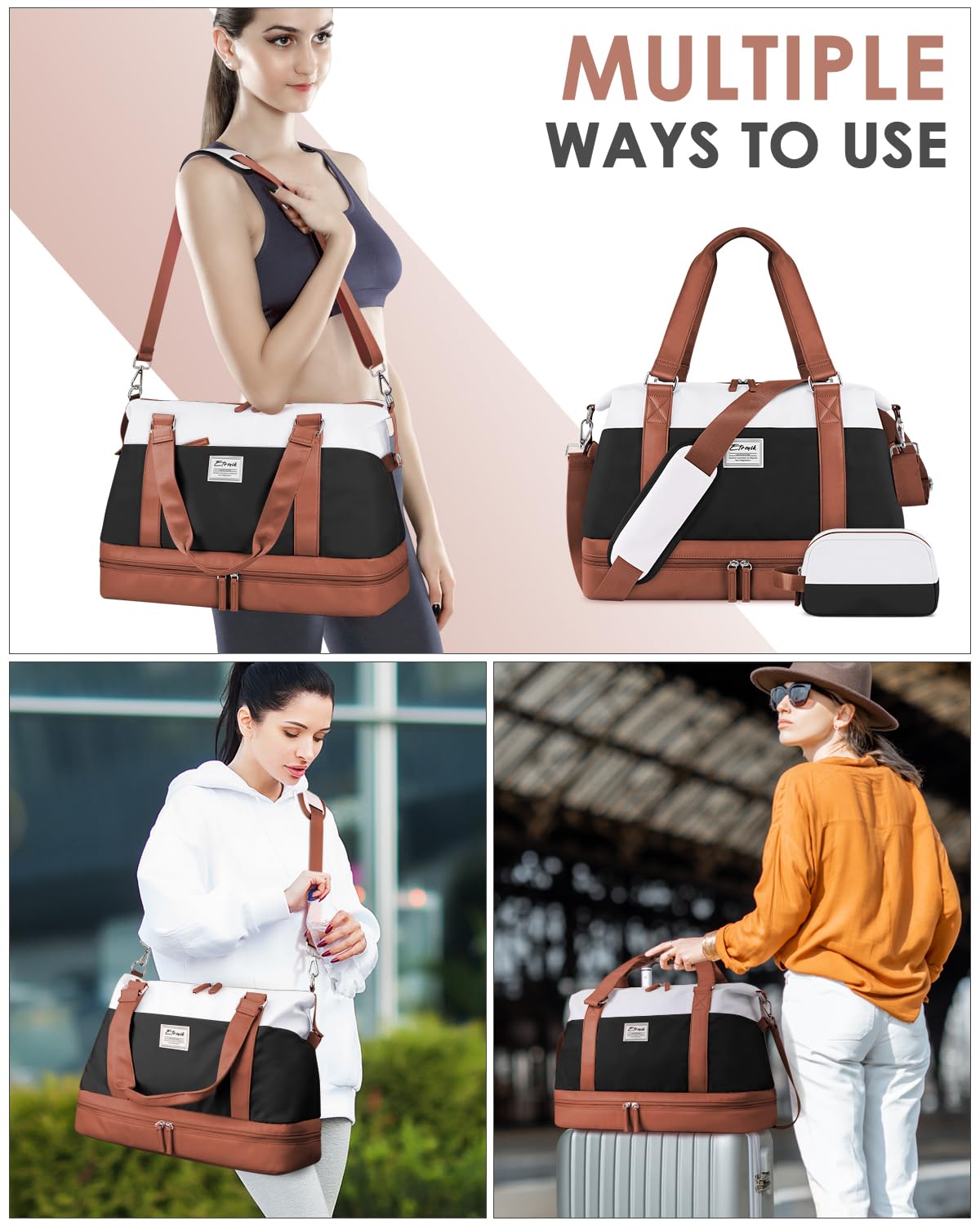 ETRONIK Large Travel Duffel Bag for Women - Gym Bag with Shoe Compartment & Wet Pocket, Carry-On Weekender Overnight Bag with Toiletry Pouch - Perfect for Hospital Visits, Yoga, Sports & Weekend Getaways