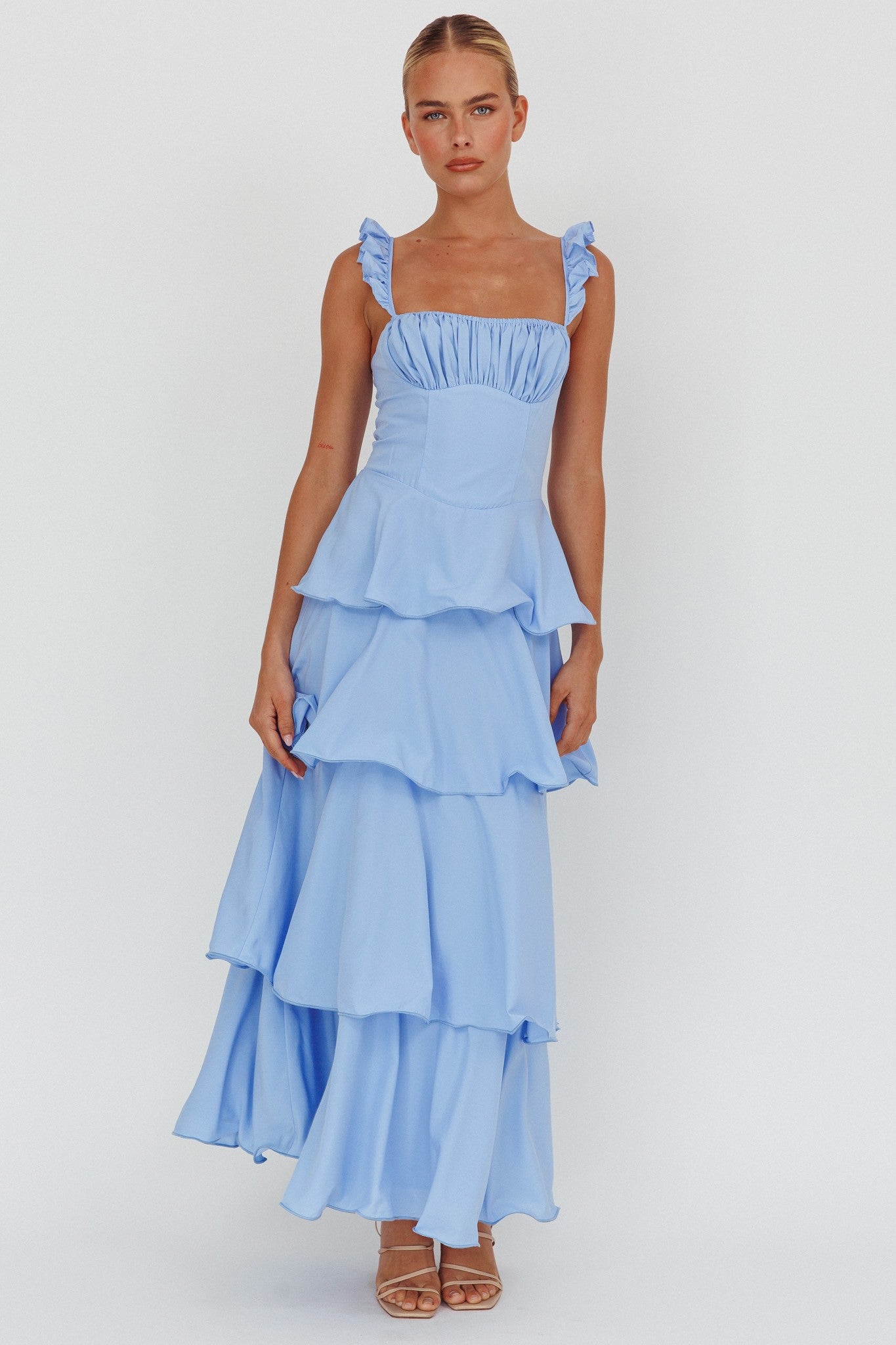 Lily Ruffle Strap Tiered Maxi Dress in Baby Blue - Elegant Summer Beach Wedding Guest Dress for Women